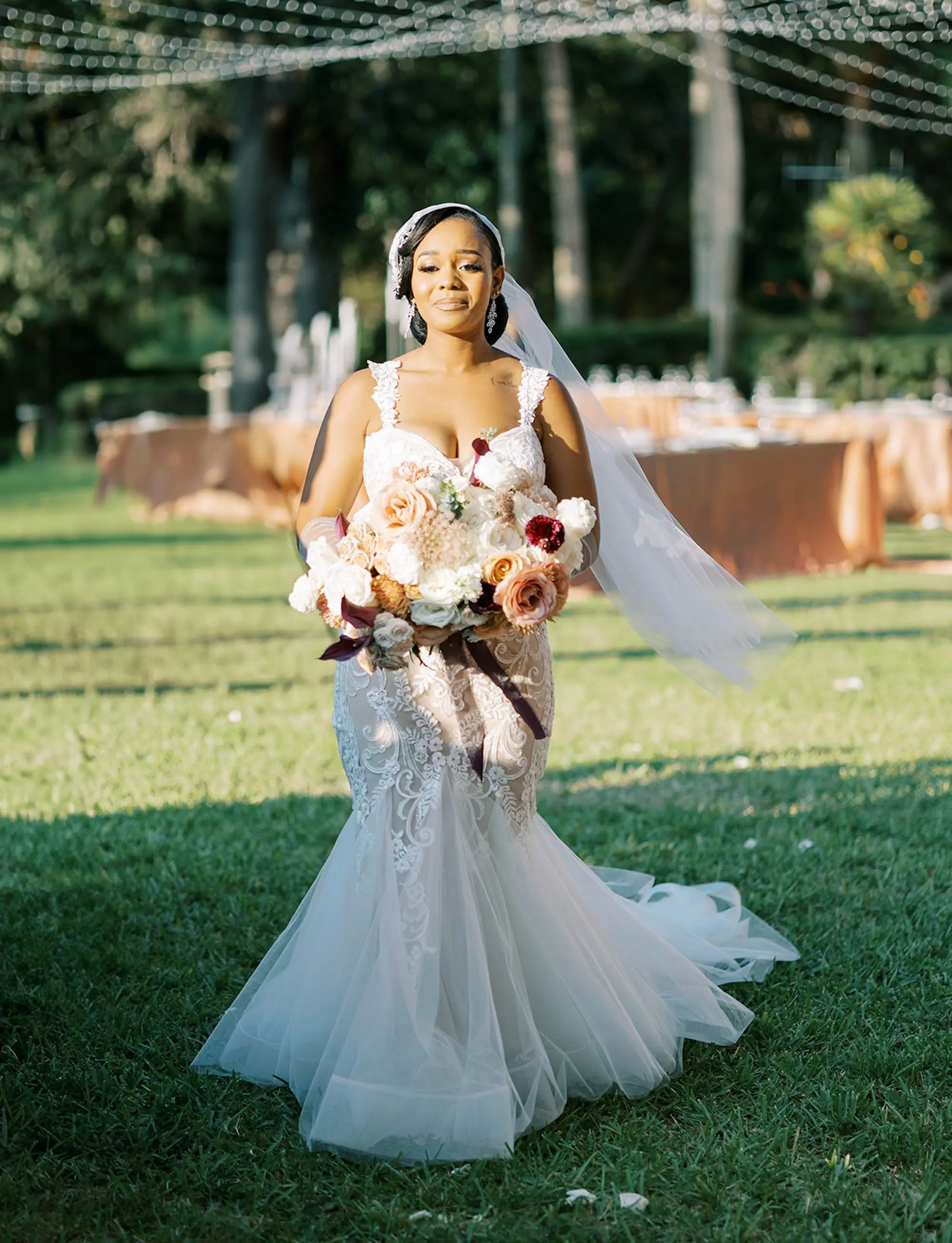 Bride Walking Down Wedding Aisle | Mermaid Fitted White Lace Appliqué Enzoani Wedding Dress Inspiration | Fall Bridal Bouquet Ideas