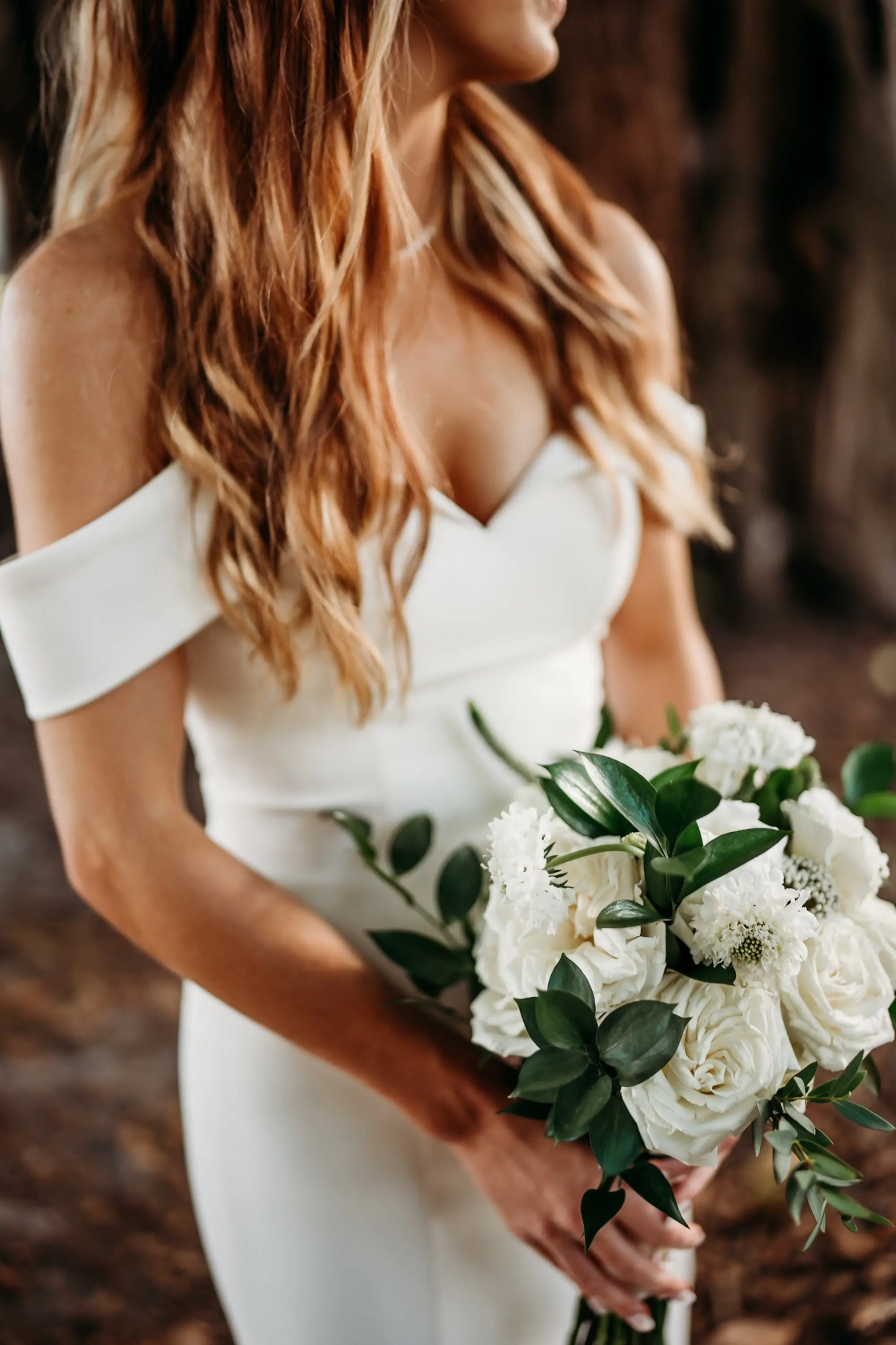 White Off the Shoulder Fitted Mermaid Madi Lane Bridal Wedding Dress Ideas | White Roses and Hydrangeas in Greenery Bridal Bouquet Inspiration