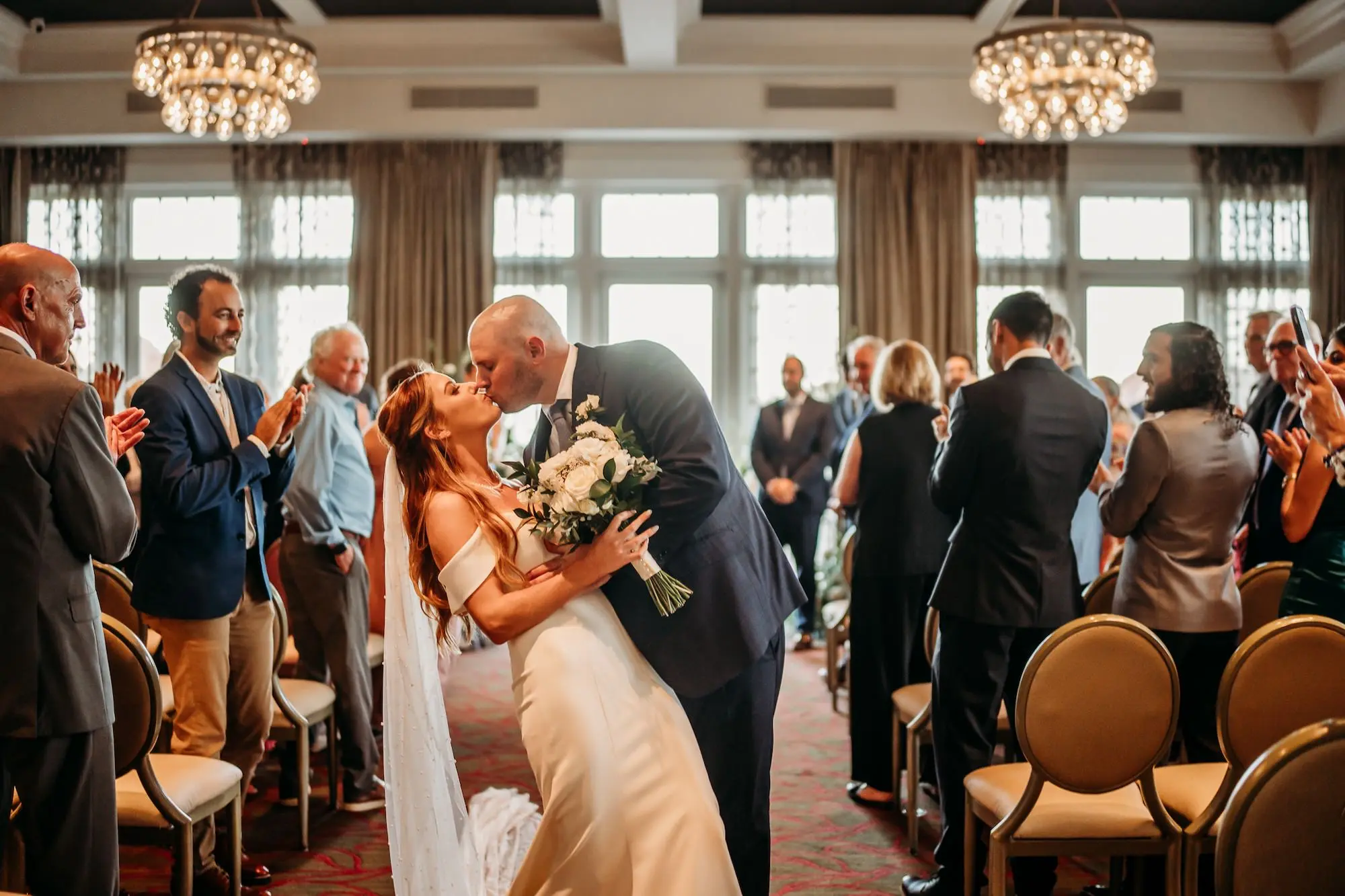Bride and Groom Just Married Wedding Portrait | Indoor Grand Ballroom Fall Wedding Ceremony Ideas | Downtown St. Pete Boutique Hotel Wedding Venue The Birchwood