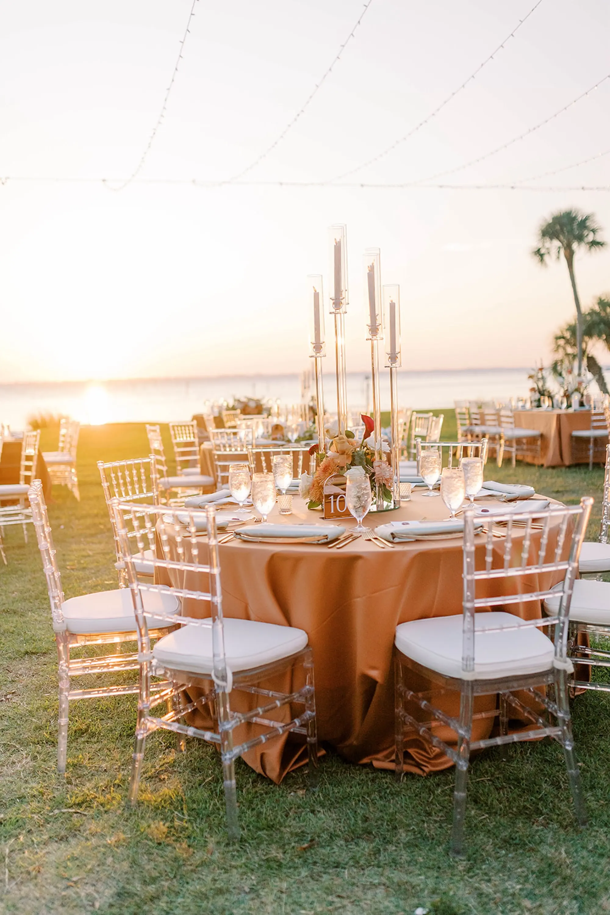 Romantic Neutral Outdoor Fall Wedding Reception Decor Ideas | Clear Chiavari Chairs, Peach Linen | Sarasota Event Venue Powel Crosley Estate