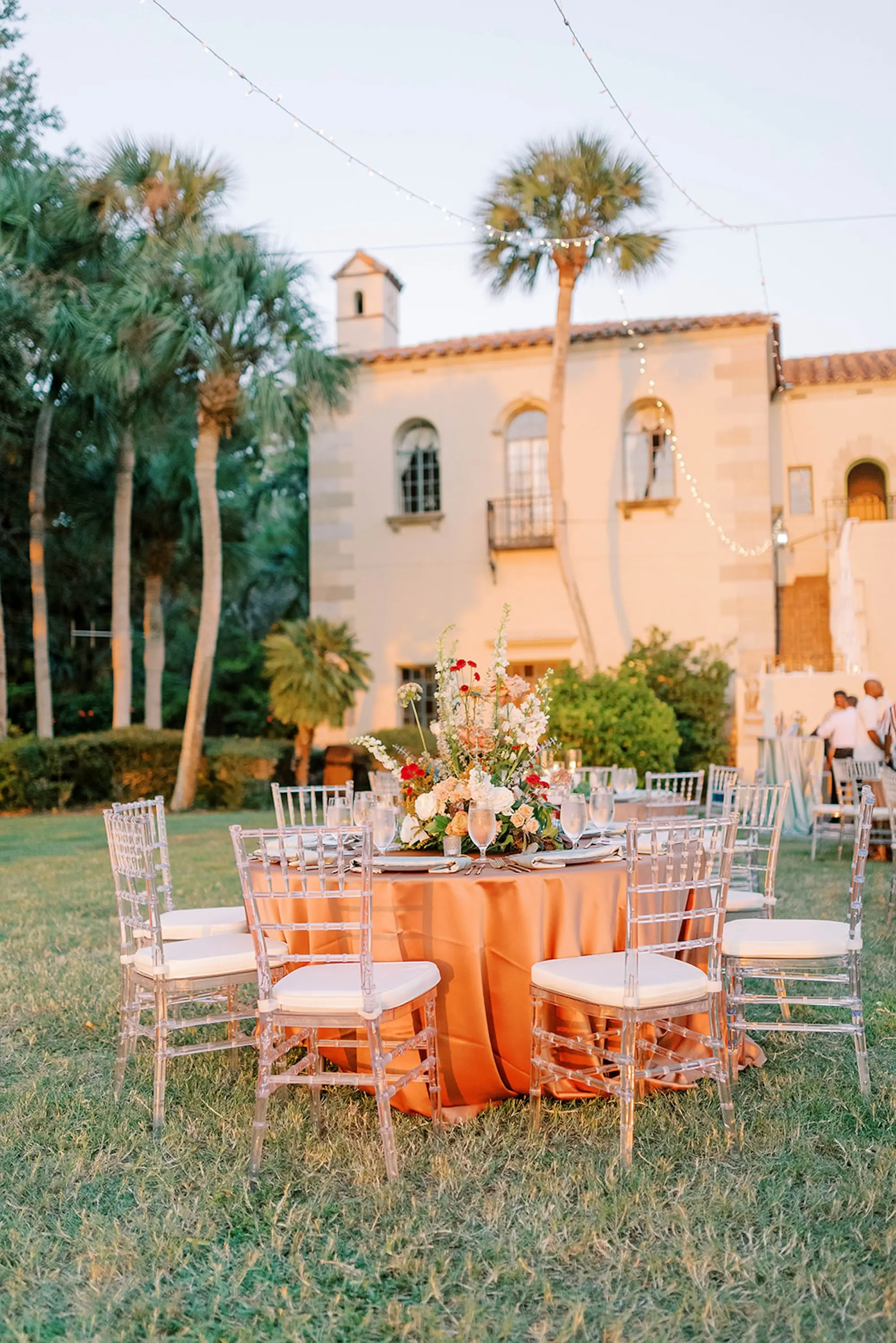 Romantic Neutral Outdoor Fall Wedding Reception Decor Ideas | Clear Chiavari Chairs, Peach Linen | Sarasota Event Venue Powel Crosley Estate | Tampa Bay Rentals A Chair Affair