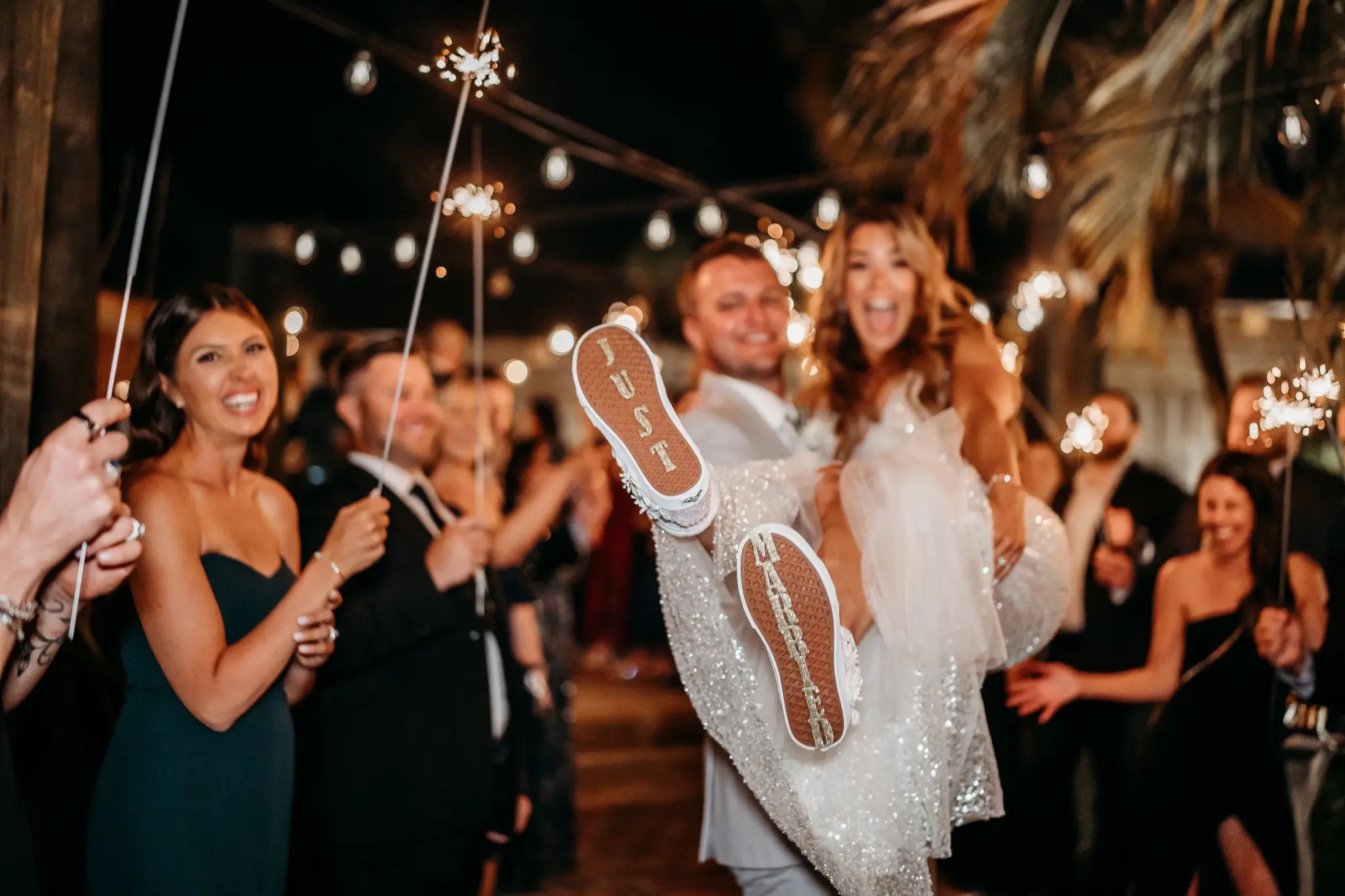 Bride and Groom Sparkler Wedding Reception Exit Portrait | Just Married Wedding Reception Tennis Bridal Shoes Inspiration | Tampa Bay Photographer Sabrina Autumn Photography