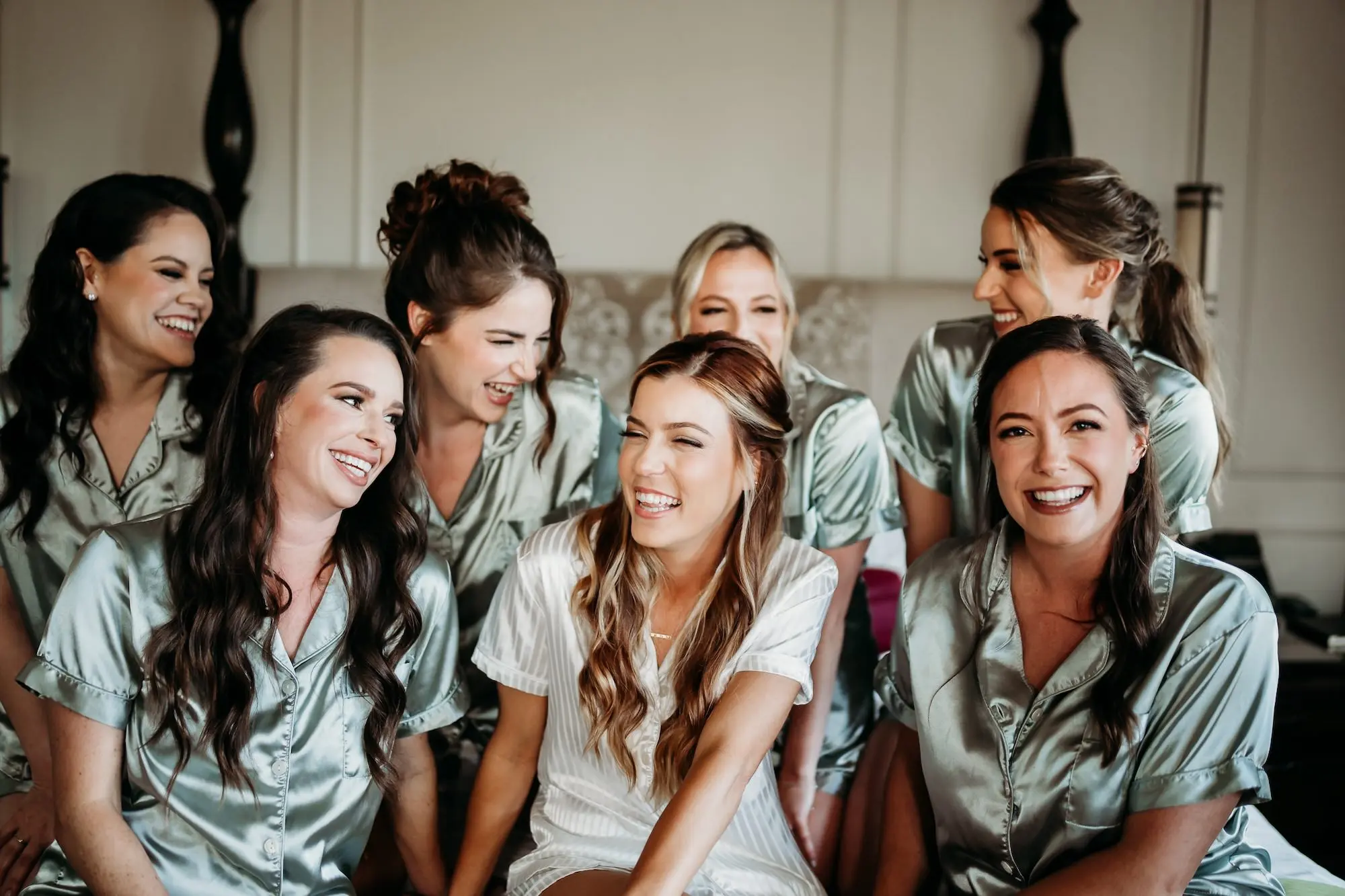 Bride and Bridesmaids Getting Ready Wedding Portrait | Matching Sage Silk Pajamas Inspiration