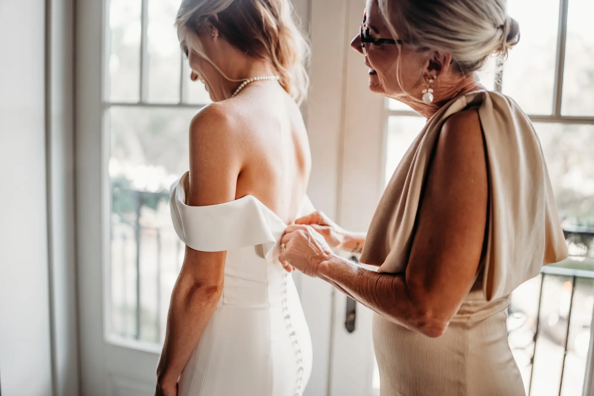 Bride and Mother Getting Ready Wedding Portrait | Champagne, Gold Mother of the Bride Dress Inspiration