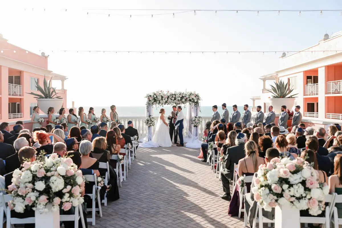 Traditional Jewish Sky Terrace Wedding Ceremony Decor Inspiration | Blush Roses, Eucalyptus and Greenery and White Calla Lilies Chuppah Inspiration | Tampa Florist Monarch Events and Designs | Tampa Bay Planner Special Moments Event Planning | Venue Hyatt Regency Clearwater Beach