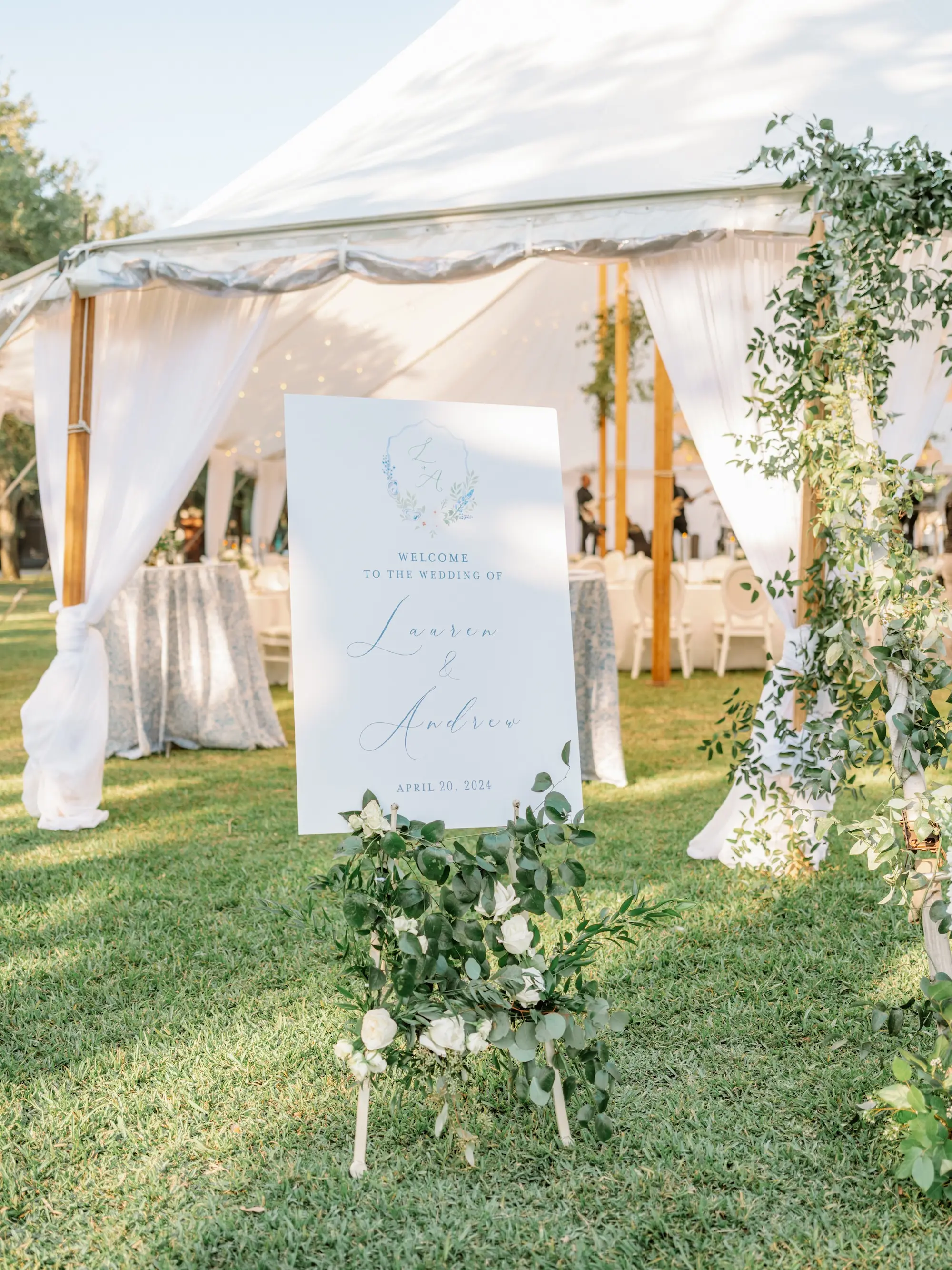 Luxurious Spring Blue and White Wedding Sign With Greenery Display Ideas