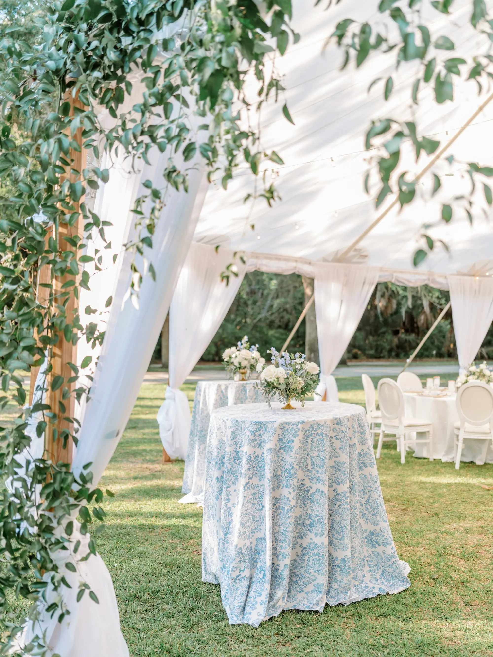 Luxurious Blue Spring Garden Tented Wedding Reception Tabletop Decor Ideas