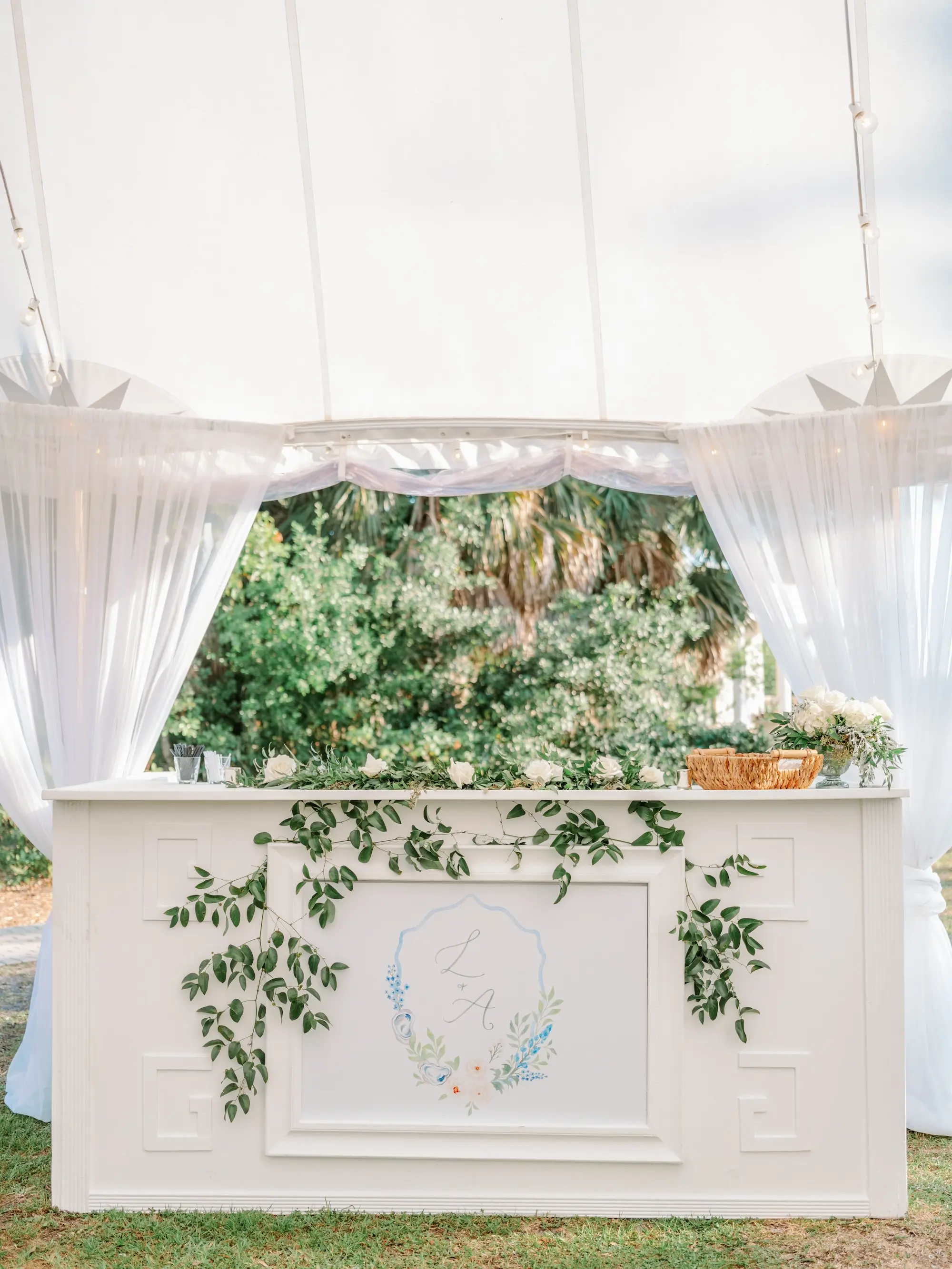 Luxurious Blue Spring Garden Tented Wedding Reception Bar Inspiration | Tampa Bay Florist Beneva Flowers
