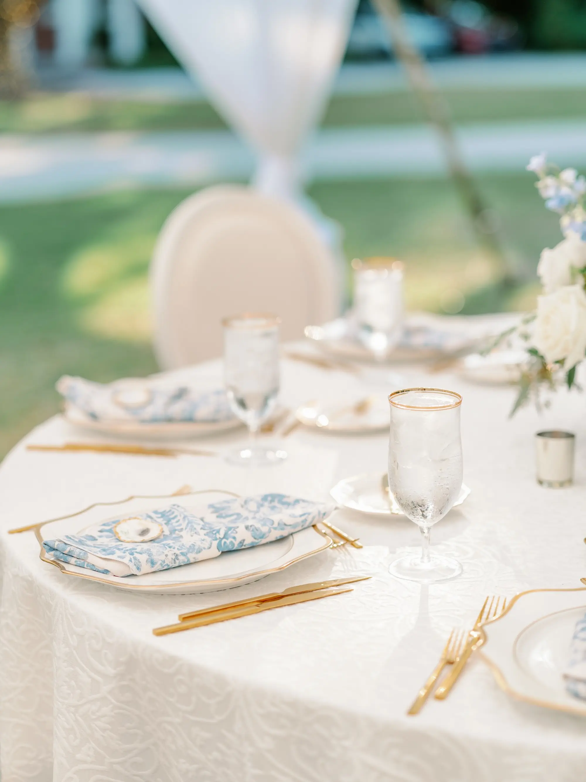 Luxurious Blue Spring Garden Tented Wedding Reception Place Setting Decor Inspiration