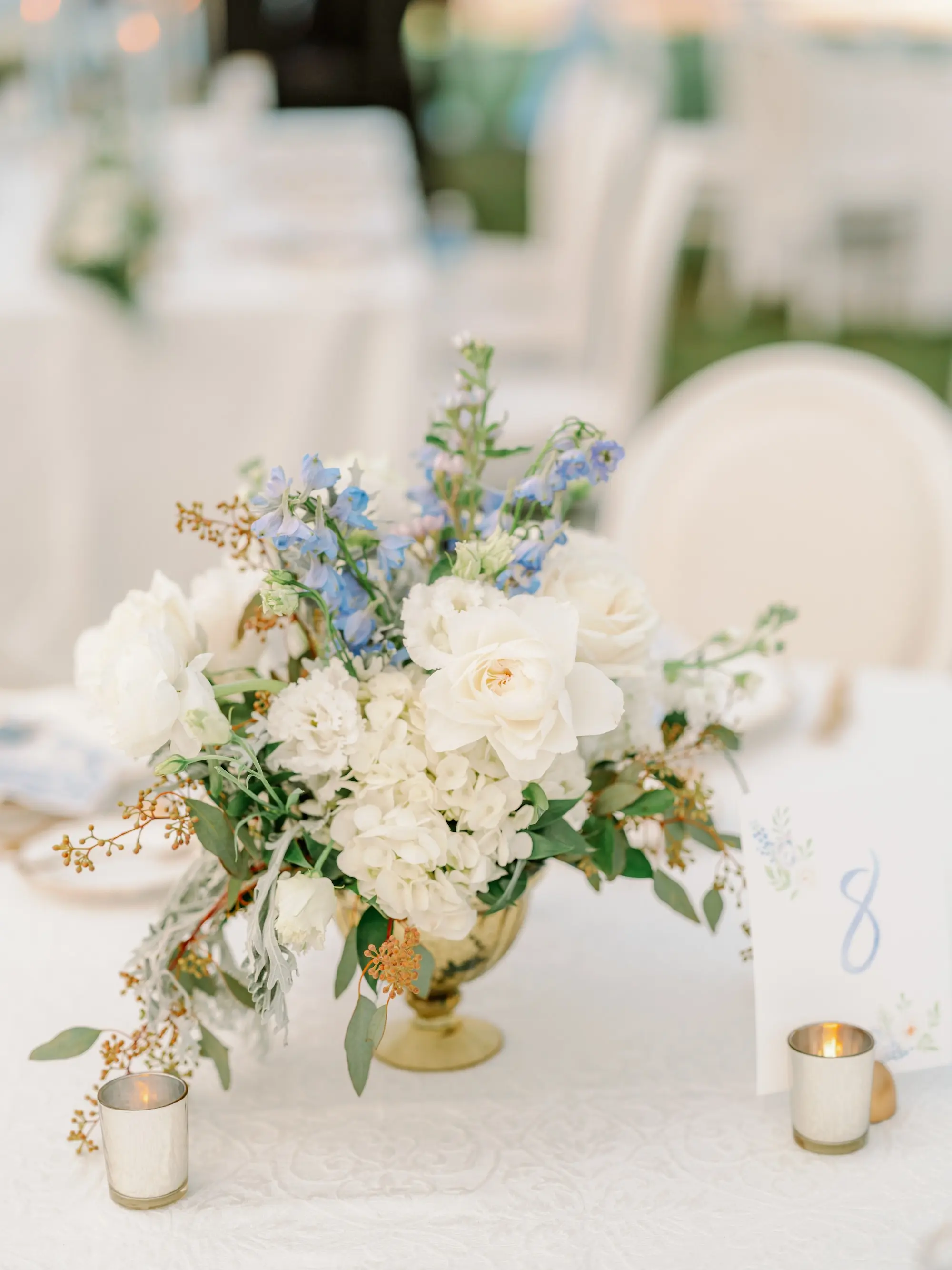 Luxurious Blue Spring Garden Tented Wedding Reception Tabletop Decor Ideas | Blue and White Flowers, and Greenery | Sarasota Florist Beneva Flowers