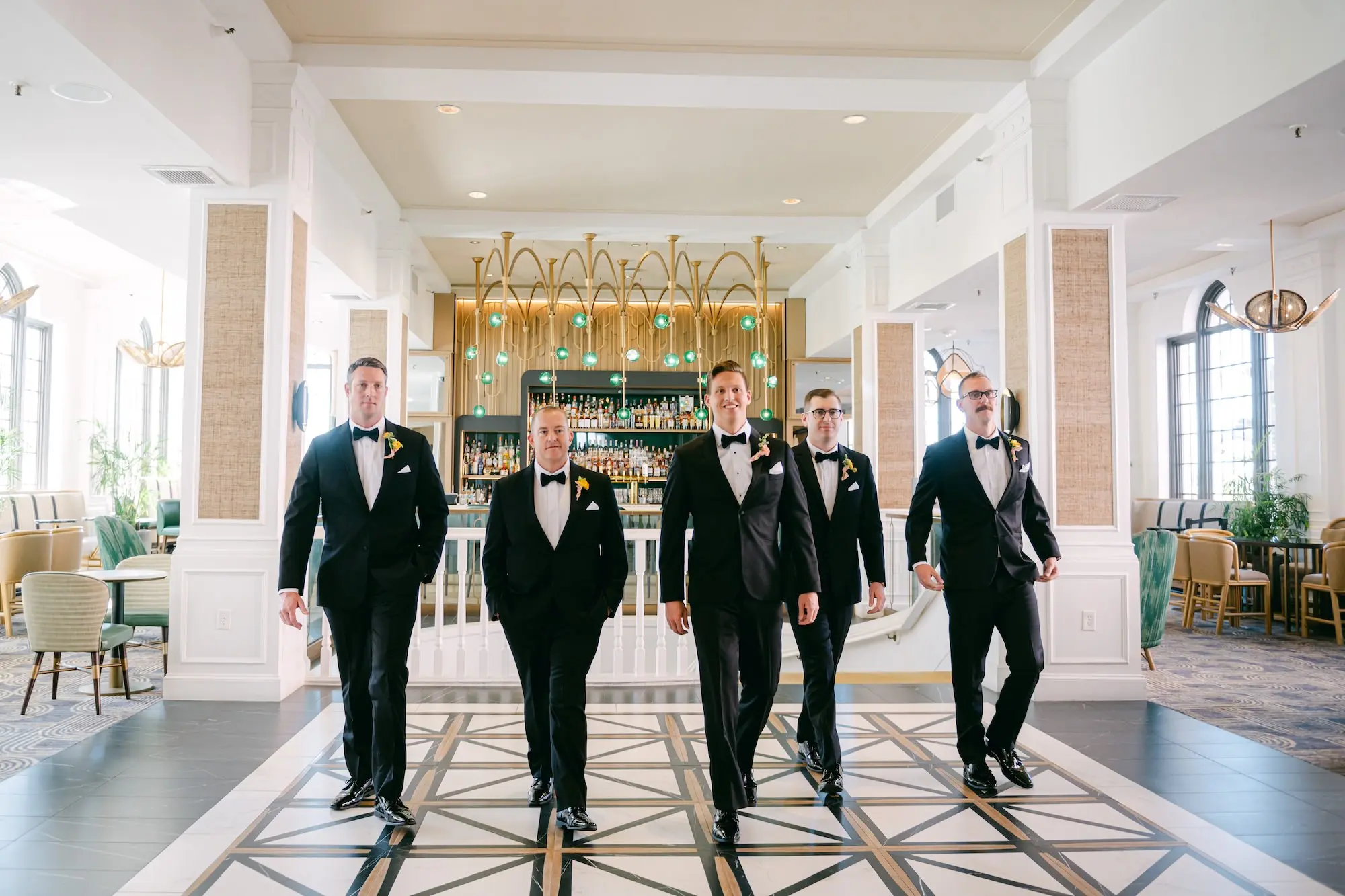 Groom with Groomsmen Wedding Portrait | Traditional Black and White Grooms Tuxedo Inspiration | St Pete Beach Wedding Venue Don CeSar