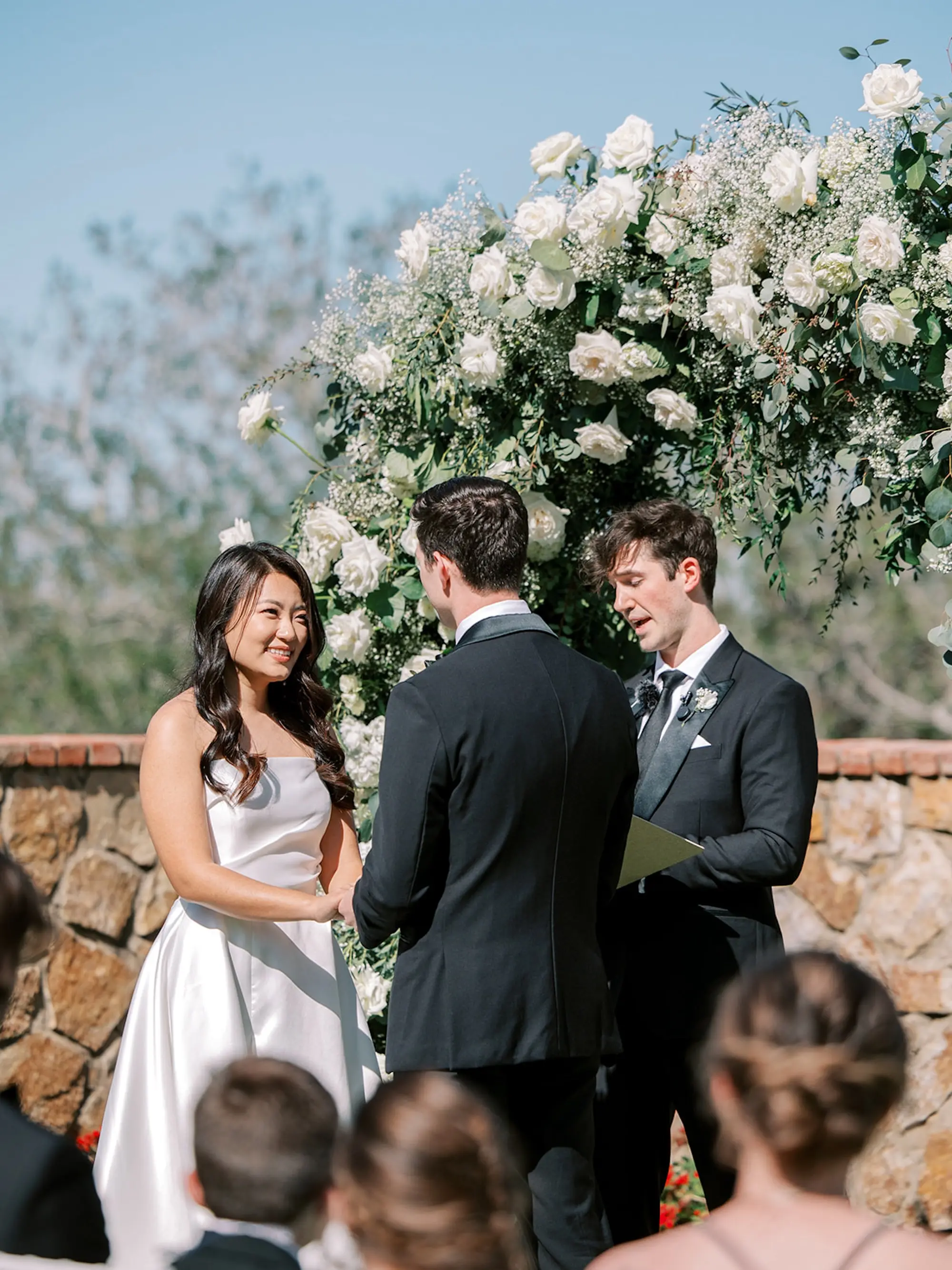 Luxurious Outdoor Italian Inspired Wedding Ceremony Decor Ideas | White Flower and Greenery Altar Inspiration