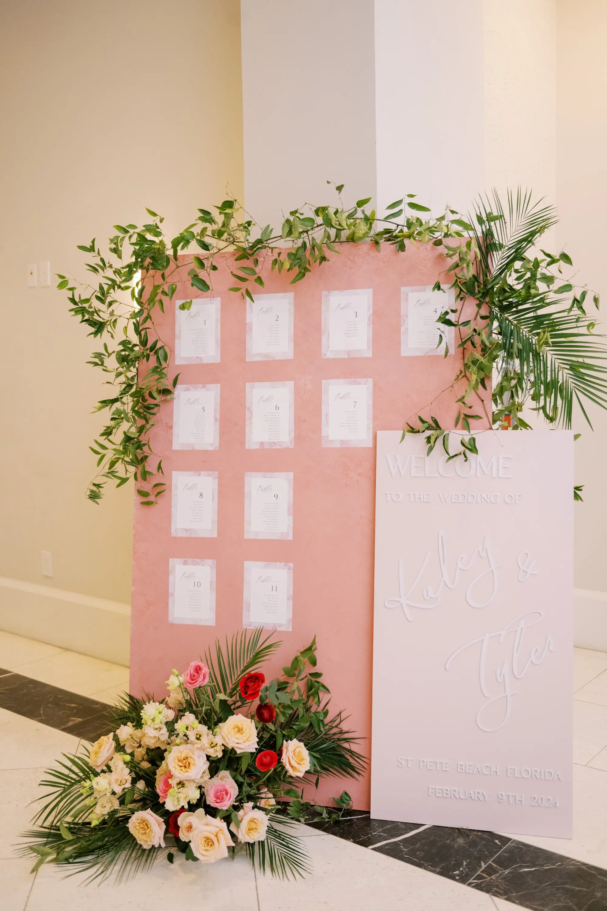 Different Shades of Pink Tropical Wedding Reception Seating Chart Decor Inspiration | Tropical Florida Palms Floral Decor Ideas