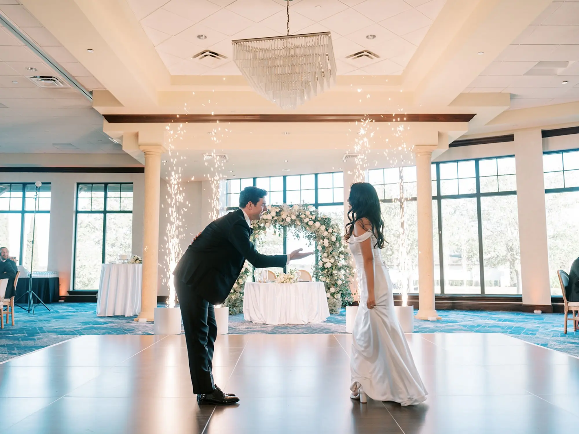 Bride and Groom First Dance Wedding Portrait | Luxurious Ballroom Wedding Reception Inspiration | Cold Sparkler Decoration Ideas | Event Venue Bella Collina | South Tampa Photographer Eddy Almaguer Photography