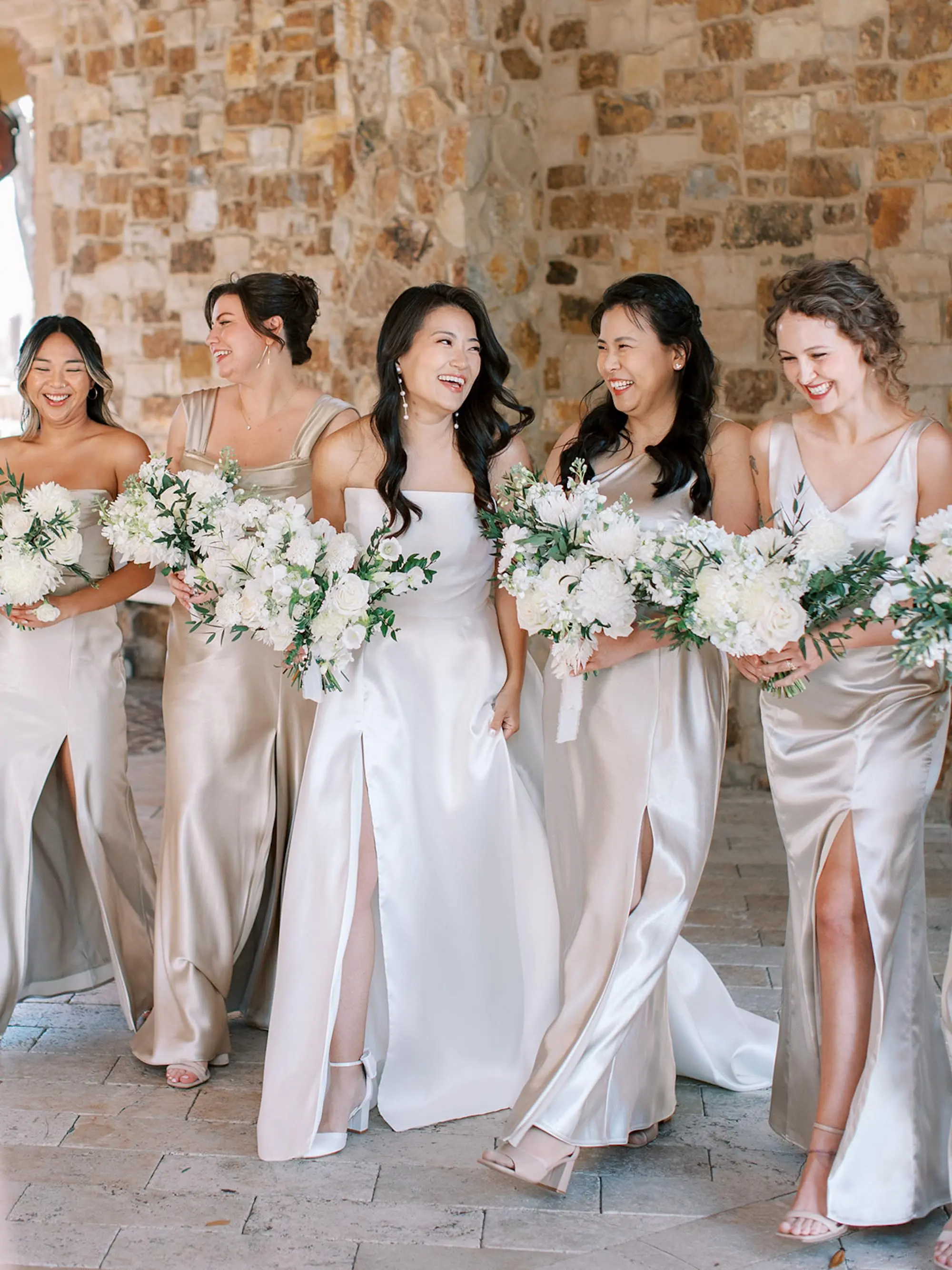 Ivory Strapless KYHA Ballgown Wedding Dress Inspiration | Satin Champagne Bridesmaid Dress Ideas | White Flower and Greenery Bouquet