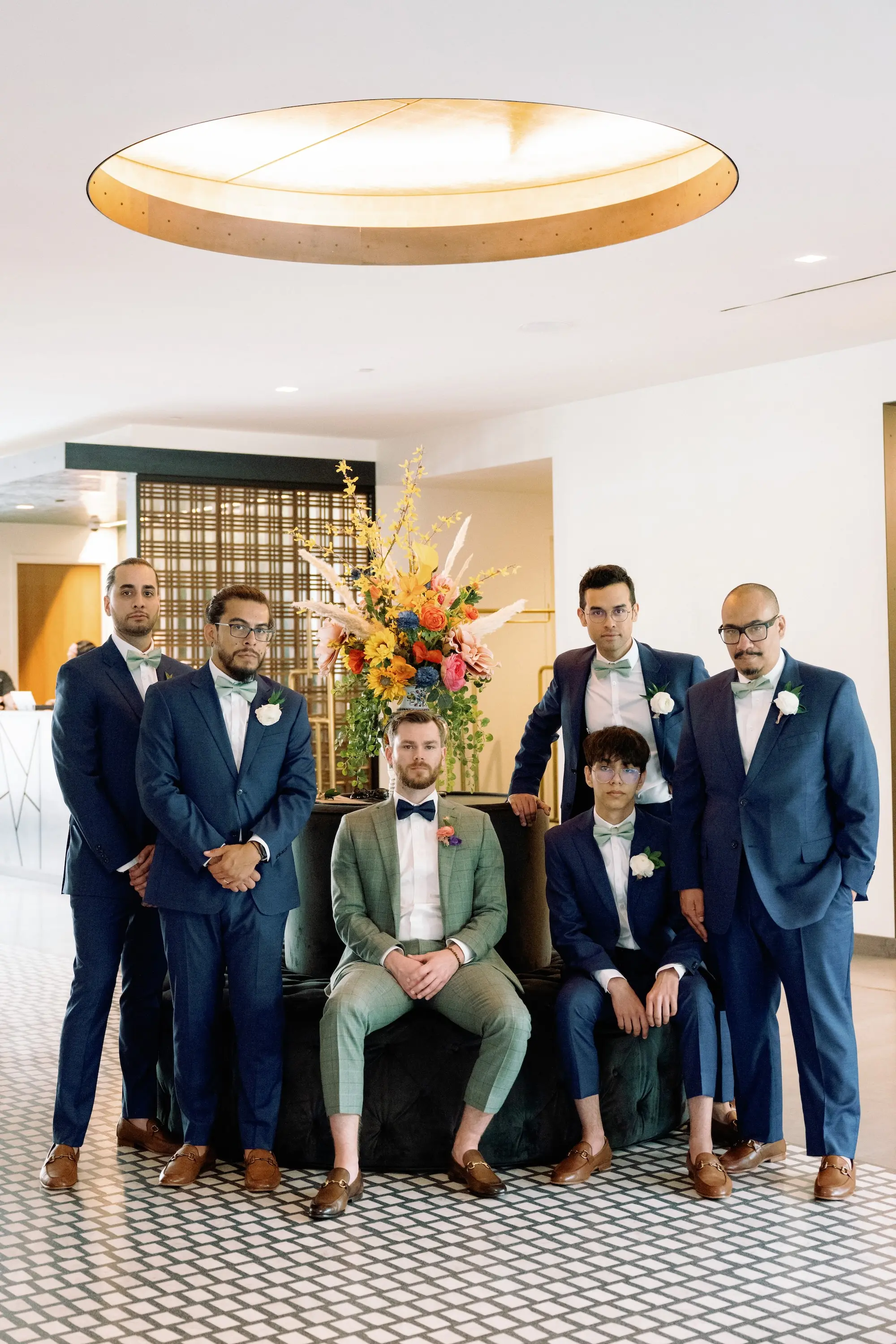 10Pink and Green Spring Wedding Inspiration jpg - “Best Of” 2025: Wedding Portraits Groom in Olive Green Wedding Suit Groomsmen in Navy Blue Suits and Bowties