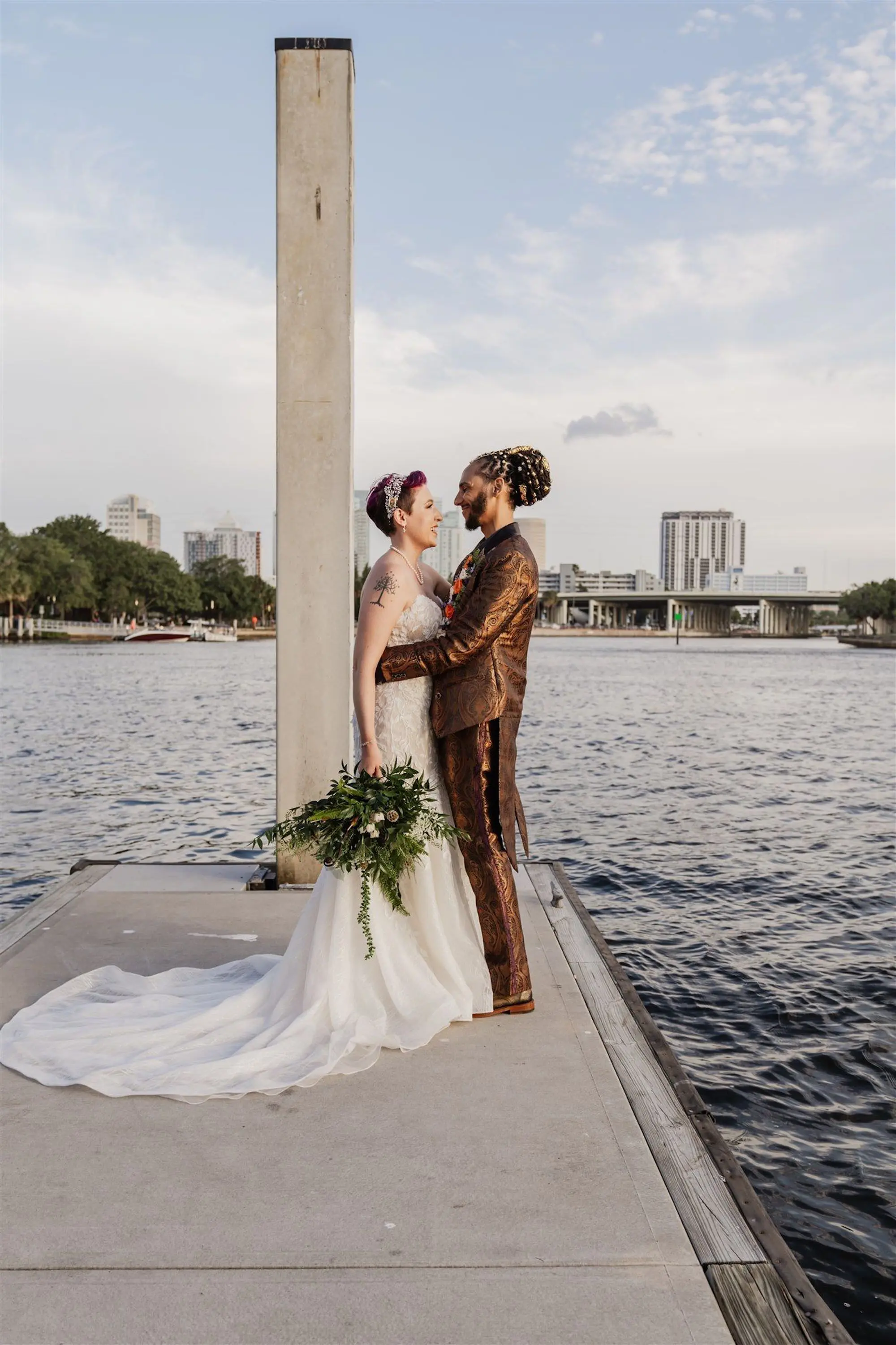 Bride and Groom Downtown Tampa Riverwalk Wedding Portrait