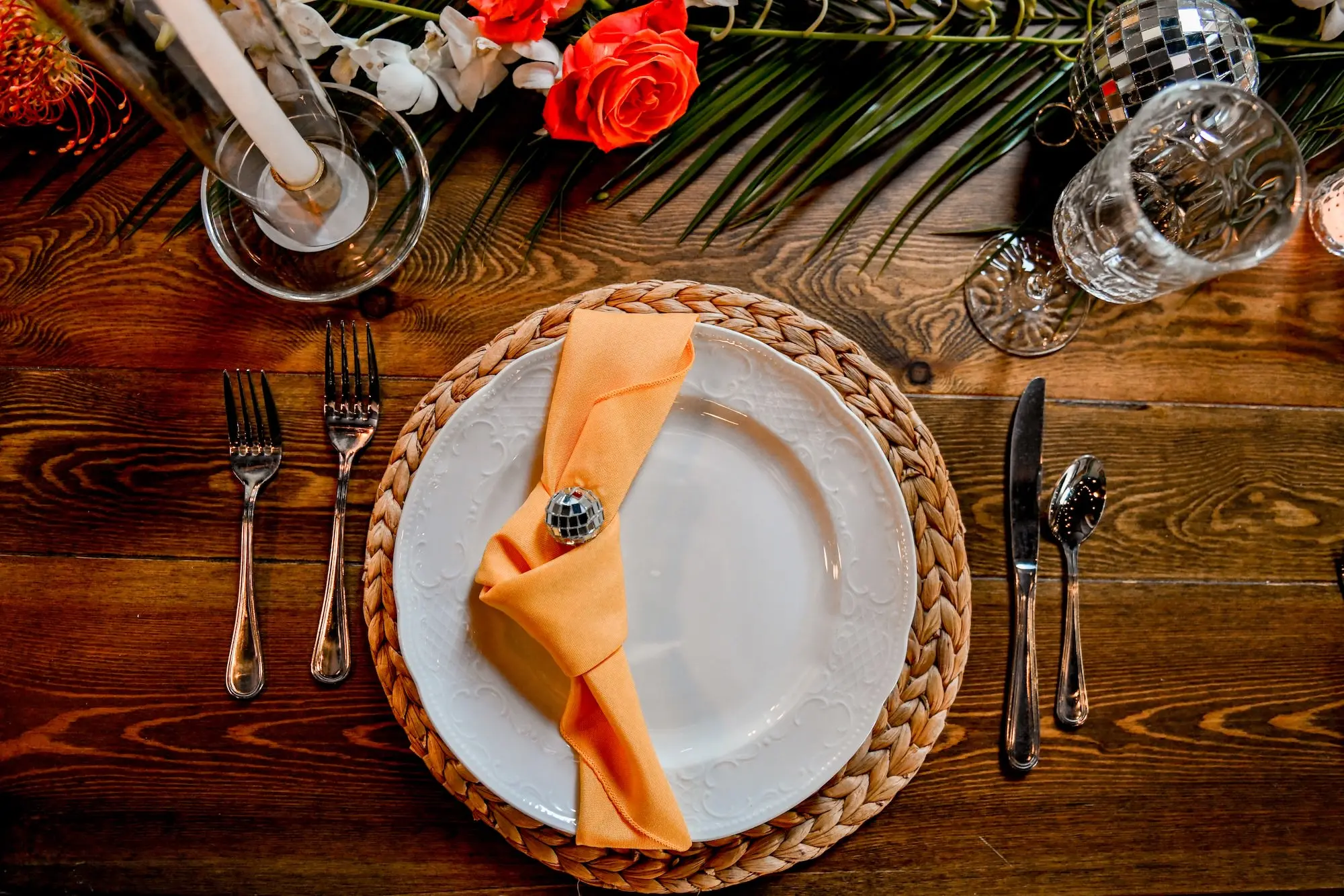 26Flirty Pink Tropical Disco Wedding Inspiration jpg - “Best Of” 2025: Wedding Receptions Part 2 Tropical Orange and Disco Ball Wedding Reception Place Setting Decor Ideas |