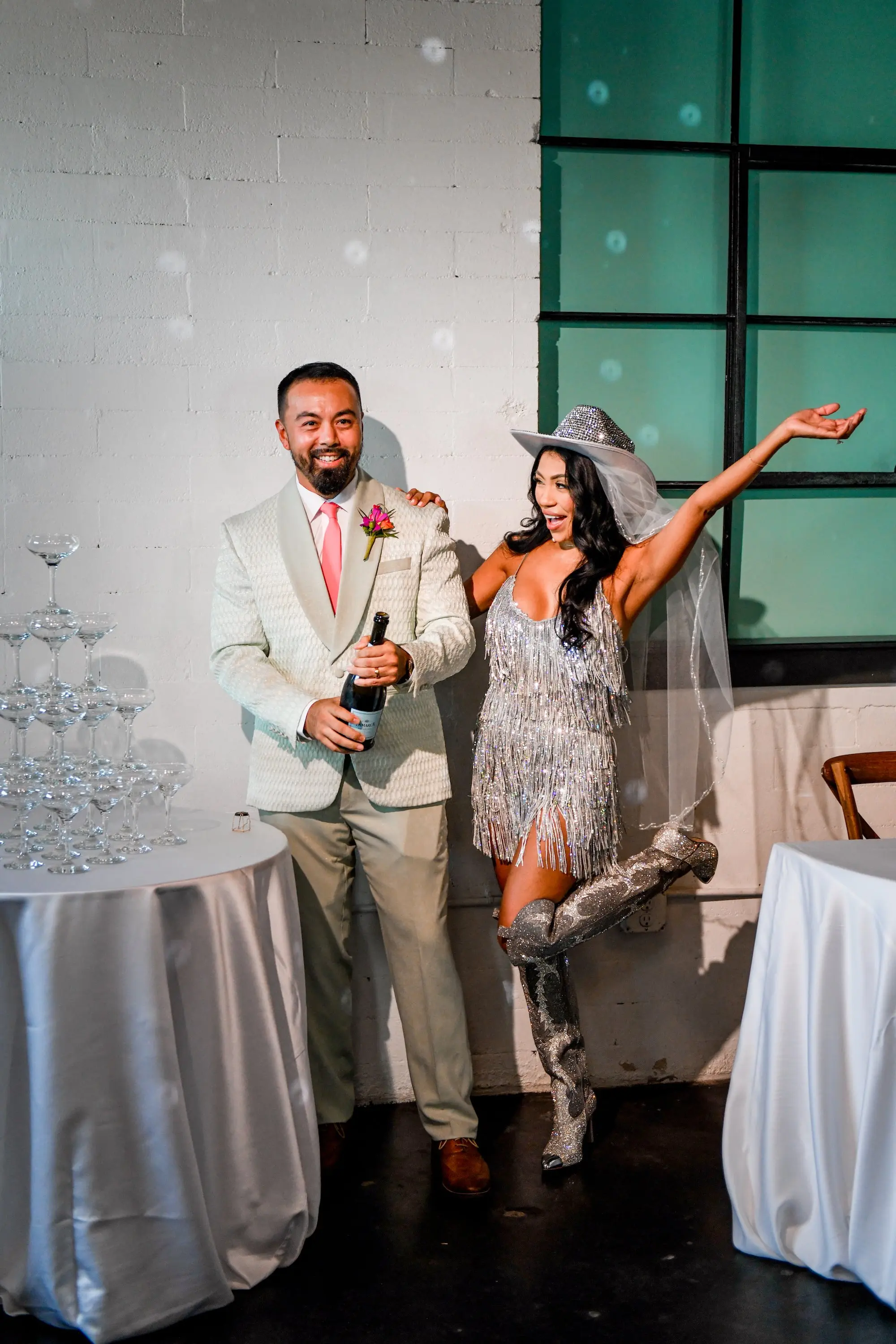 40Flirty Pink Tropical Disco Wedding Inspiration jpg - “Best Of” 2025: Wedding Receptions Part 2 Bride and Groom Wedding Reception Champagne Tower Ideas | The West Events