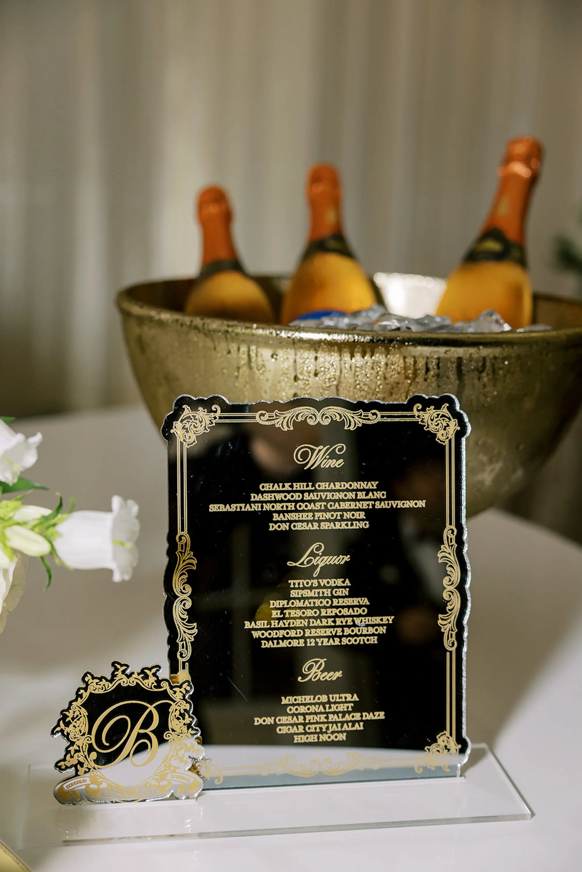 Glamorous Acrylic Black and Gold Wedding Reception Bar Menu Display Decor Ideas | Tampa Bay Planner Parties A'La Carte