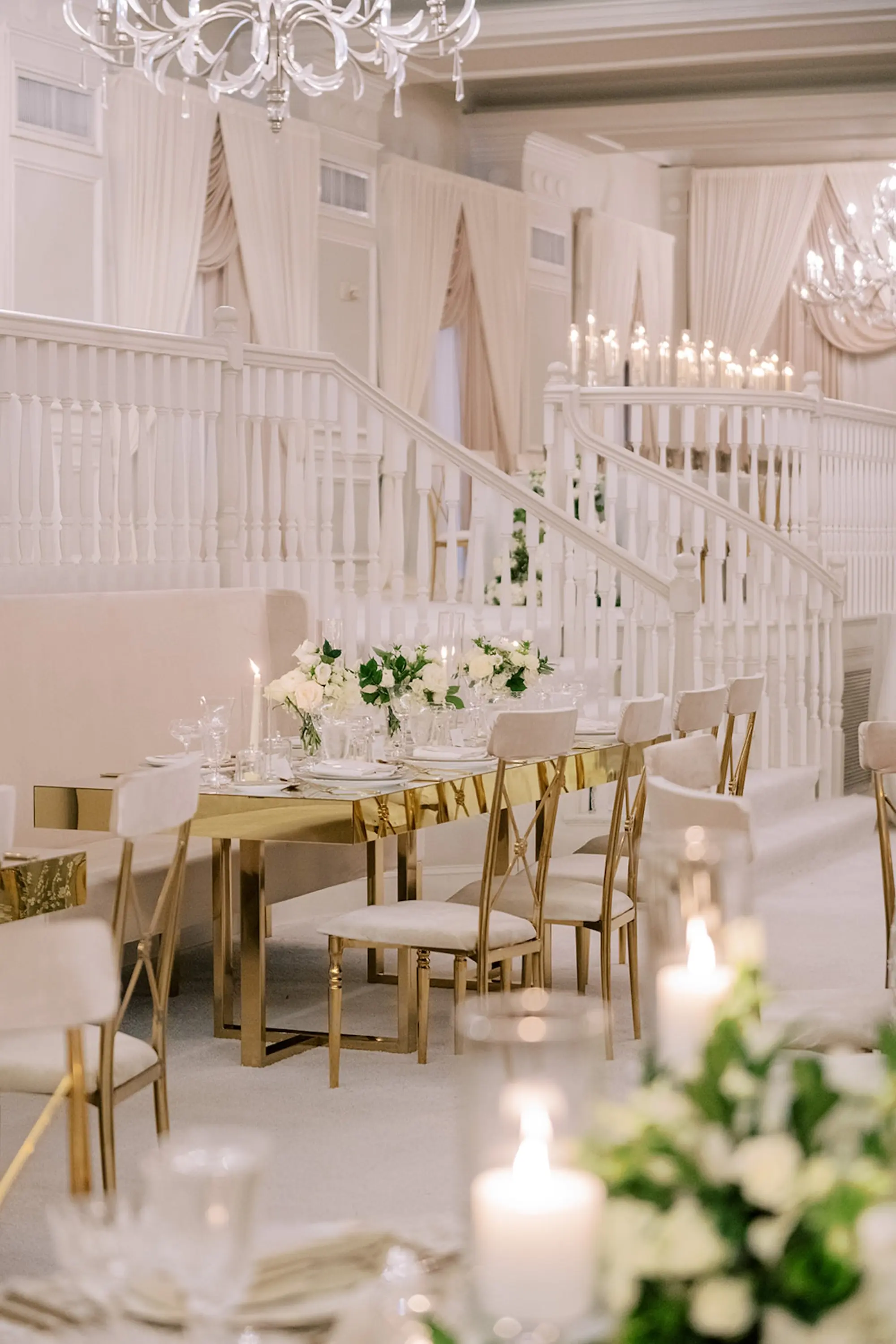Luxurious Ivory and Gold Ballroom Wedding Reception Decor Inspiration | Romantic Candlelight Tablescape Reception Decor Inspiration | White Roses and Greenery Centerpiece Ideas | Tampa Bay Planner Parties A'La Carte | St Pete Beach Historic Hotel Resort Venue The Don CeSar