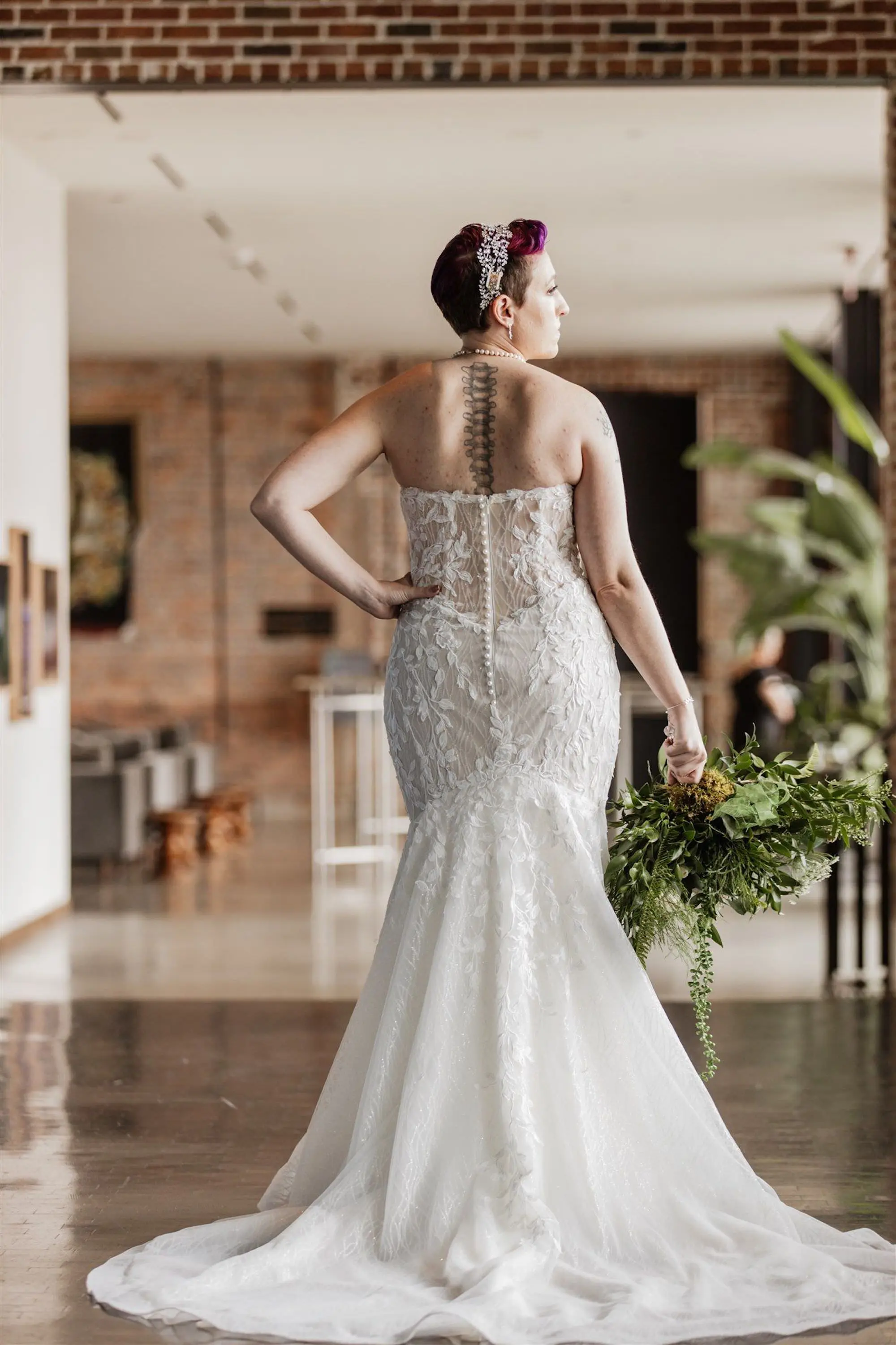Ivory Strapless Floral Lace Mermaid Fit Wedding Dress with Long Train Inspiration | Short Bridal Hair Ideas | Greenery Eucalyptus Bridal Bouquet Inspiration | Hair and Makeup Artist Michelle Renee The Studio