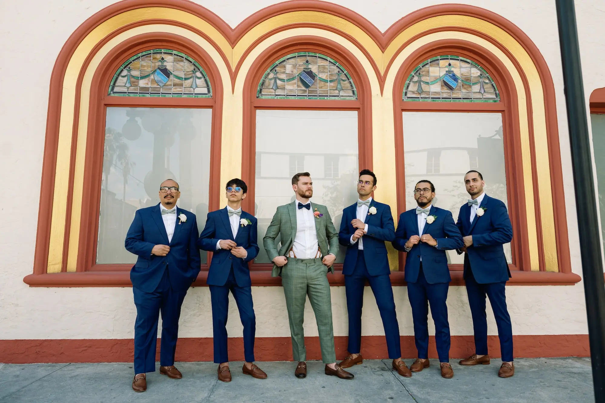 9Pink and Green Spring Wedding Inspiration jpg - “Best Of” 2025: Wedding Portraits Groom in Olive Green Wedding Suit Groomsmen in Navy Blue Suits and Bowties