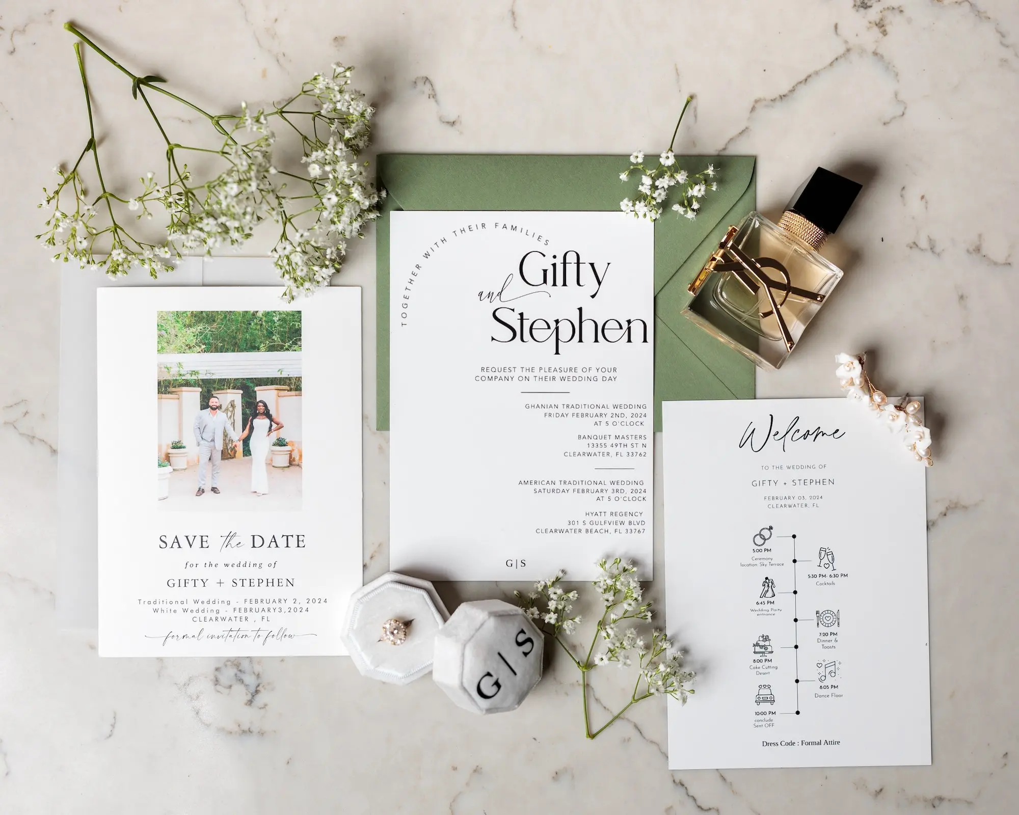 Elegant Black and White and Sage Green Wedding Invitation Suite Inspiration | White Roses and Baby's Breath Floral Wall with Neon New Last Name Sign Wedding Reception Decor Inspiration | Planner Special Moments Event Planning