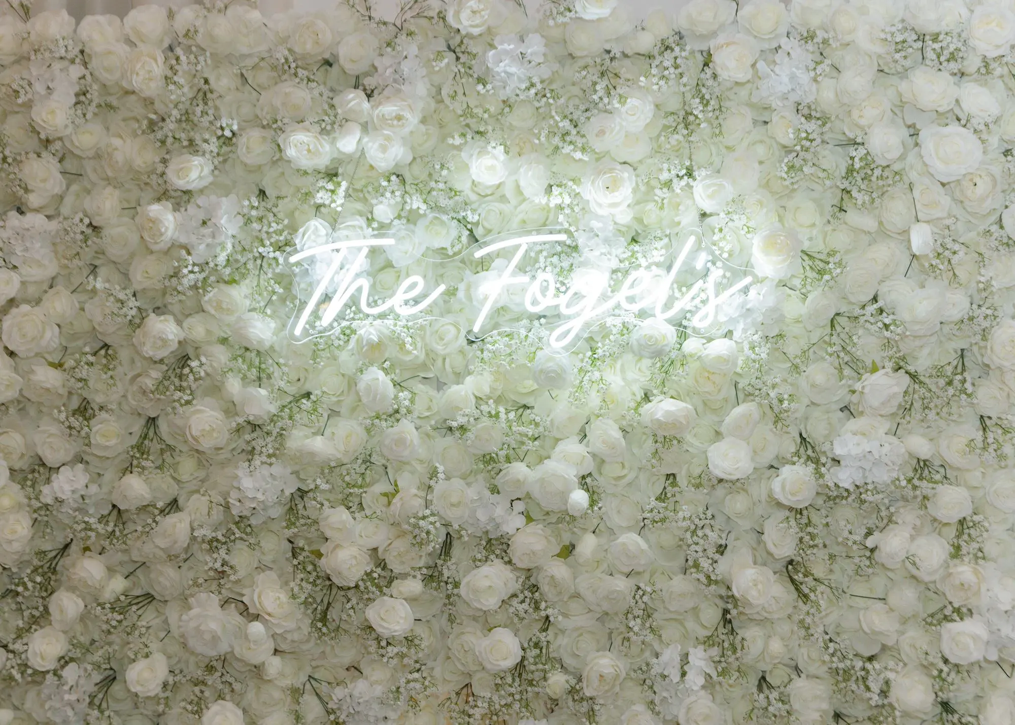 White Flower Wall with Neon Sign Wedding Reception Decor Ideas