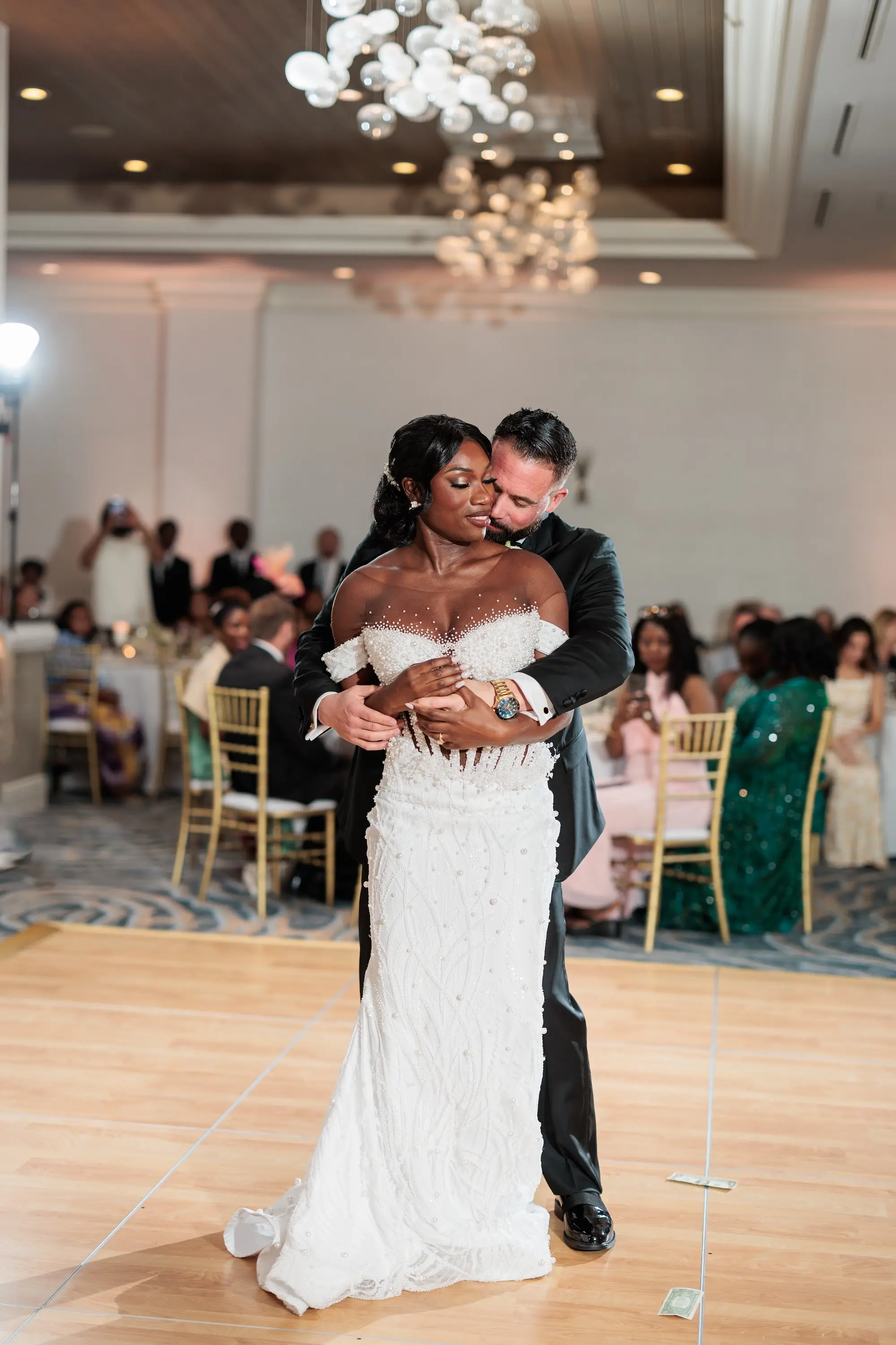 Bride and Groom First Dance Wedding Portrait | Indoor Luxurious Ballroom Wedding Reception Inspiration | Clearwater Wedding Venue Hyatt Regency Clearwater Beach