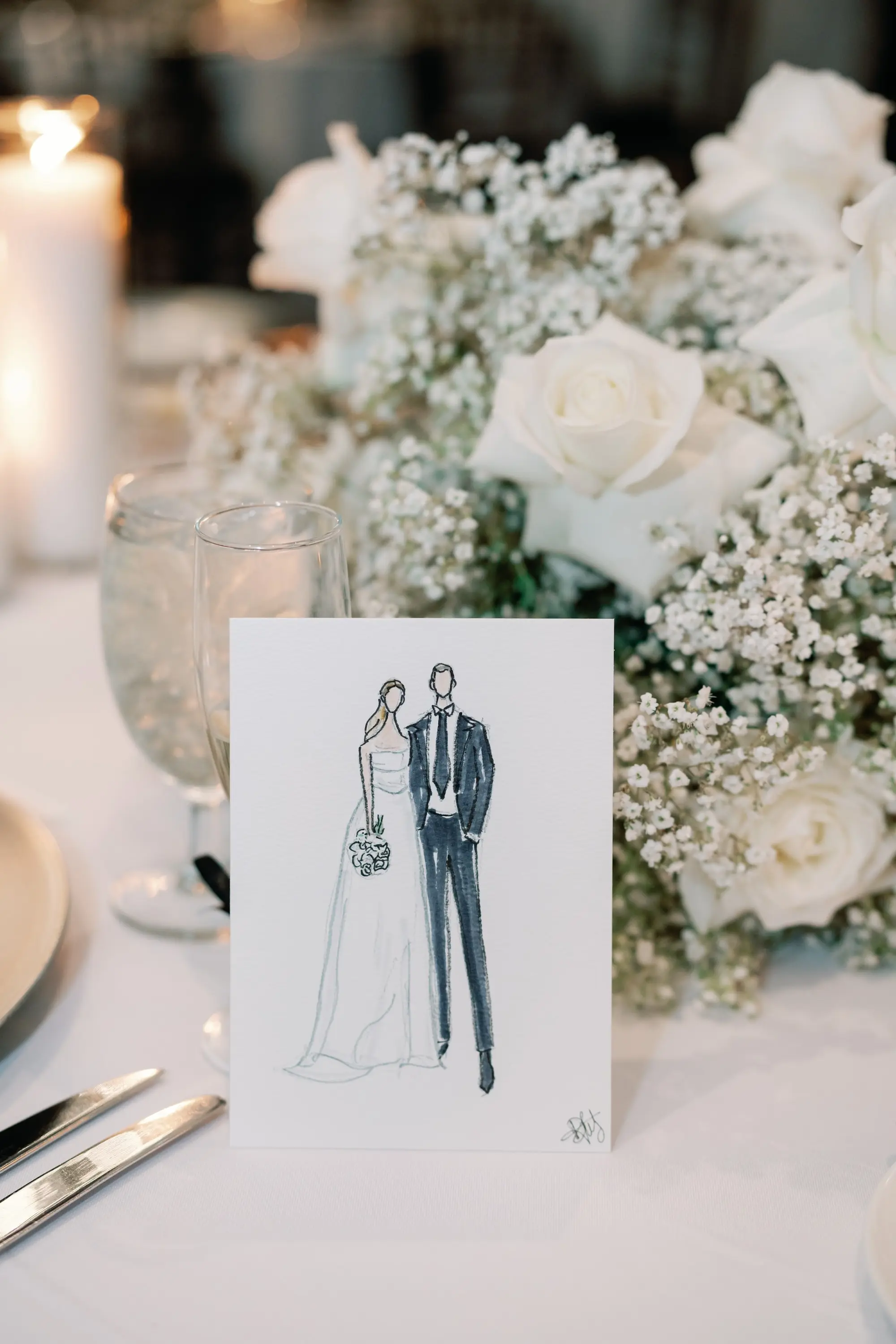 Custom Live Watercolor Painting Bride and Groom Wedding Reception Inspiration