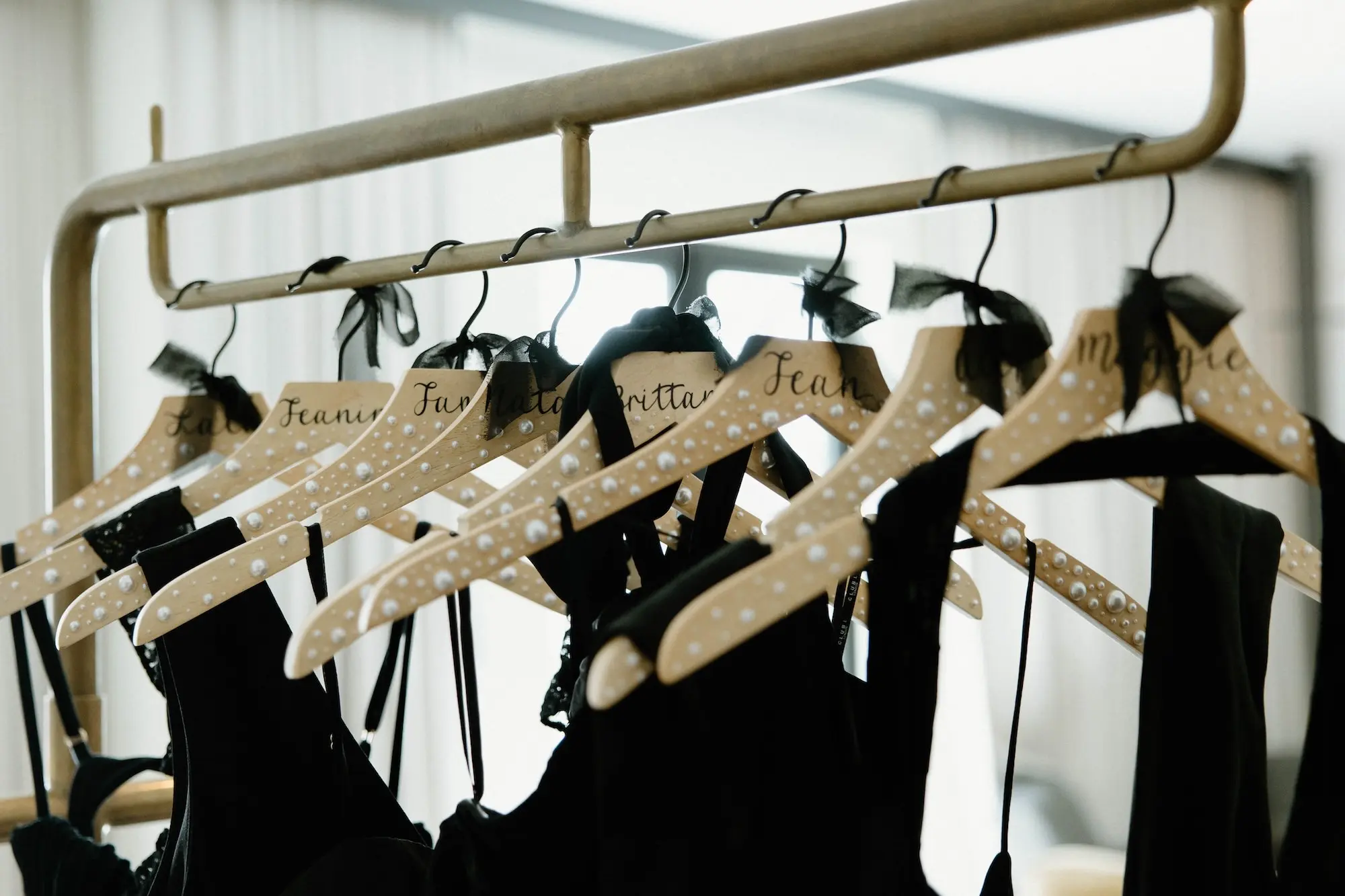 Pearl Hangers for Black Mismatched Bridesmaid Dresses Inspiration