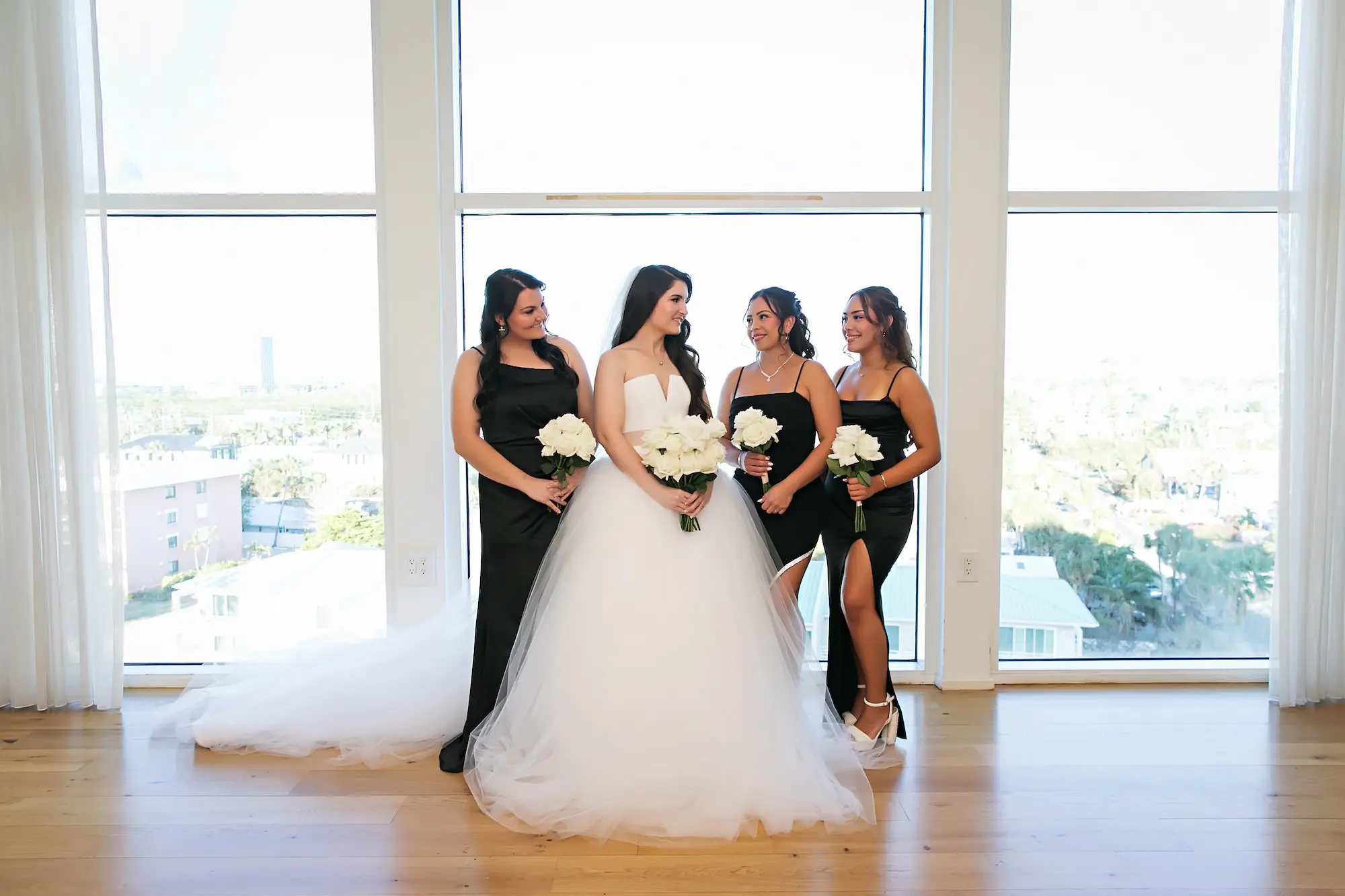 Black Matching Bridesmaids Dress Inspiration | White Rose Bouquet Ideas | Tampa Bay Florist Beneva Flowers