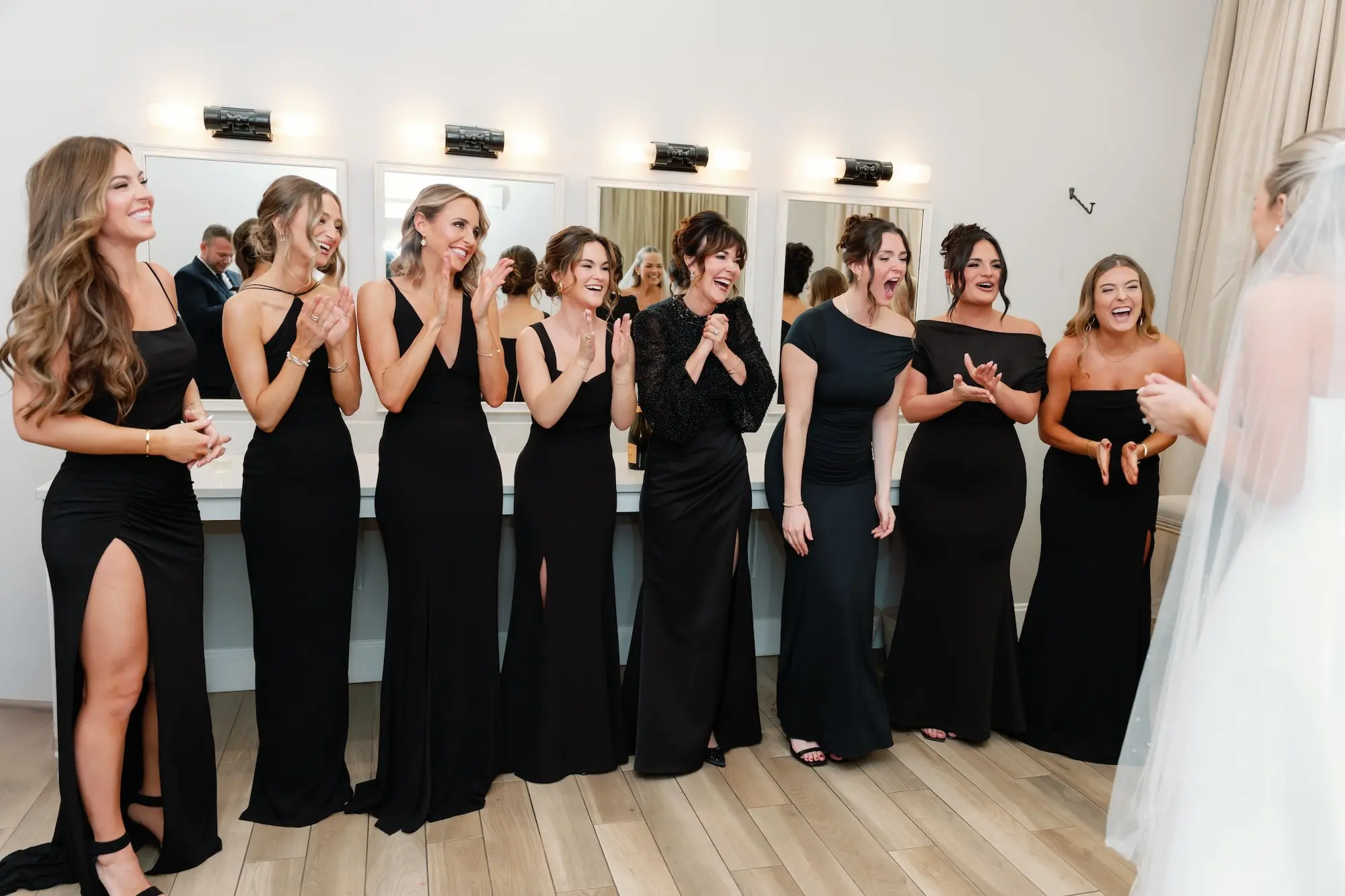 Bride and Bridesmaids First Look Wedding Portrait | Mismatched Black Bridesmaid Dresses Inspiration