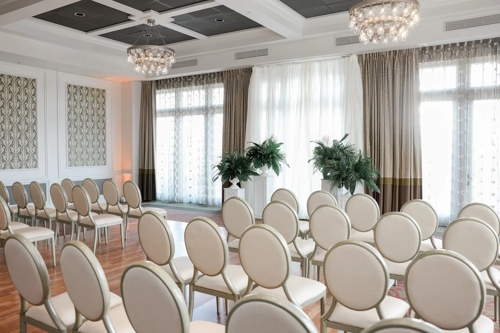 11Elegant Green White and Gold Ballroom St Pete Wedding Venue The Birchwood jpg - Tropical Green and White Downtown St. Pete Wedding | The Birchwood Elegant Green, White, and Gold Ballroom Wedding Ceremony Decor Ideas | Tampa Bay Event Venue The Birchwood | Planner Coastal Coordinating