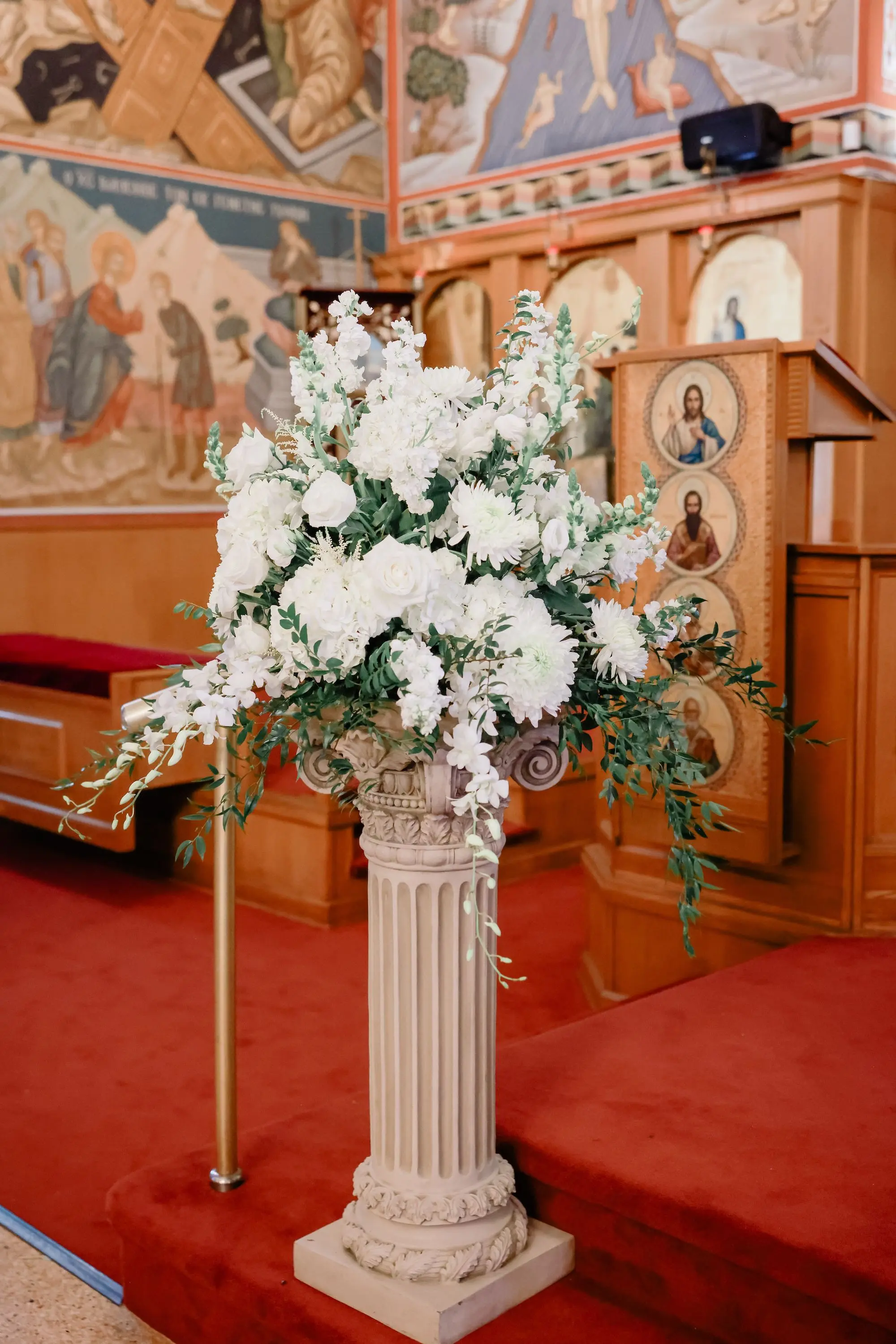 White Hydrangeas, Roses and Orchid Flower Arrangement Wedding Ceremony Decor Ideas | Traditional Greek Orthodox Wedding Inspiration | St. John Baptist Greek Orthodox Church