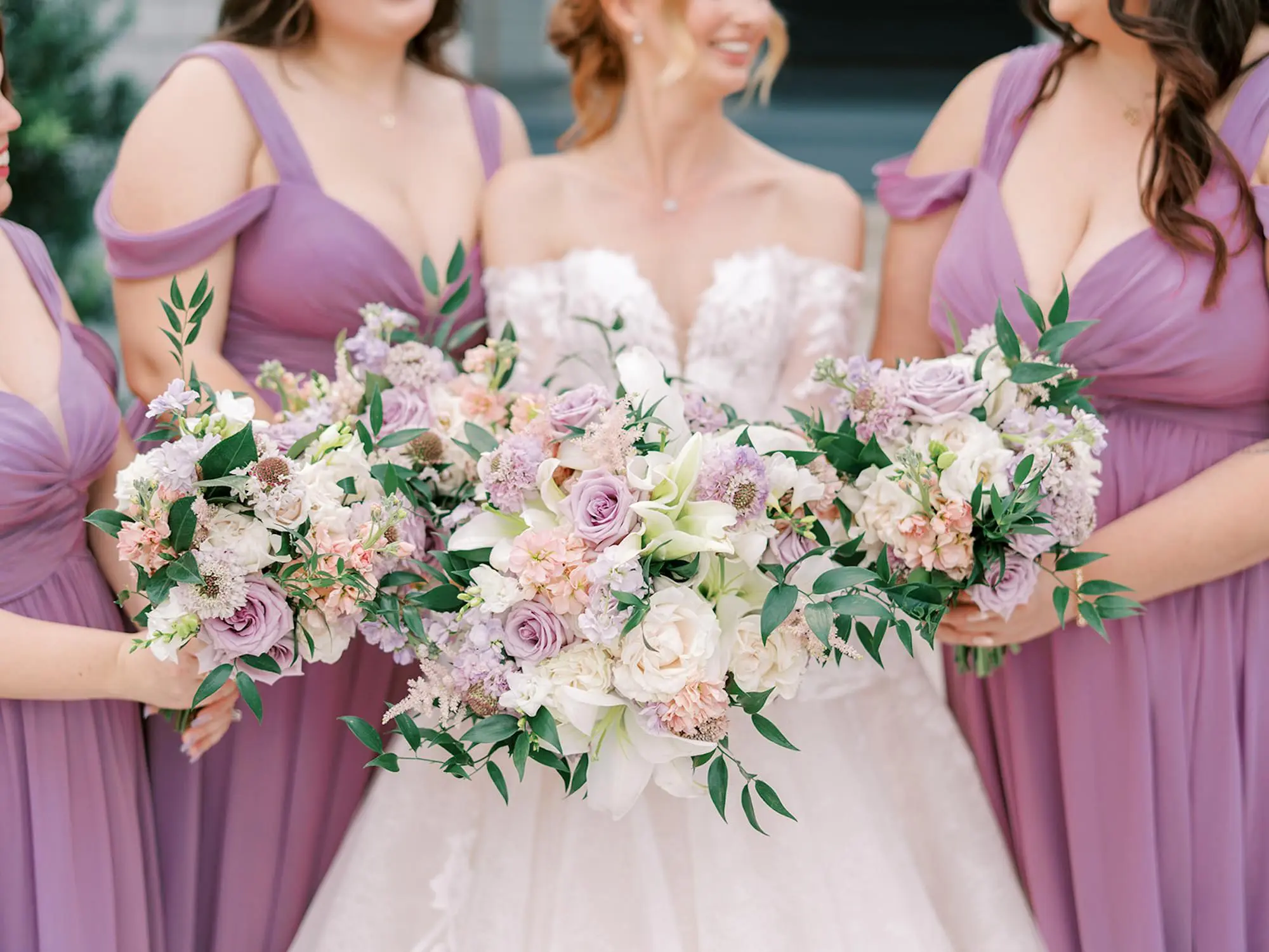 16Purple and Yellow Disney Princess Wedding Inspiration jpg - “Best Of” 2025: Wedding Portraits Bride and Bridesmaid Wedding Portrait | Light Lavender Chiffon Off-the-Shoulder Neckline with Draped Sleeves Ideas | White, Cream, and Pastel Purple, Pink Soft Bloom Flowers Lilies, Roses Bouquet Inspiration | South Tampa Photographer Eddy Almaguer Photography | Venue The Orlo