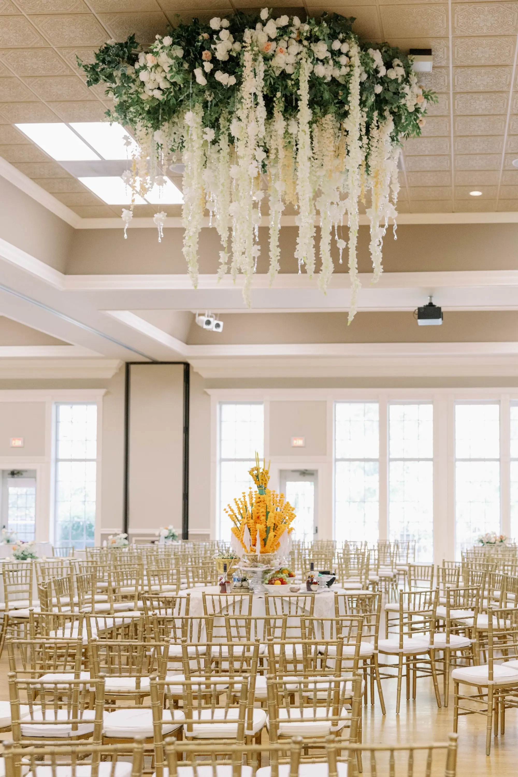 Indoor Laotian Asian Fusion Baci Wedding Ceremony with Pha Khuan Ideas | Gold Chiavari Chairs