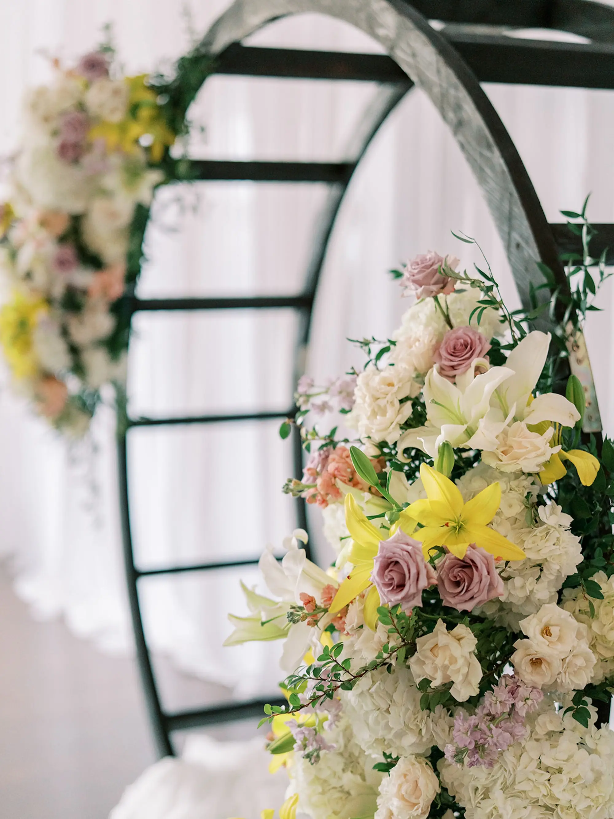 White, Cream, Blush, Peach, Yellow, Lavender Pastel Florals Roses, Lilies, Peonies Arrangement Wedding Ceremony Altar Decor Inspiration