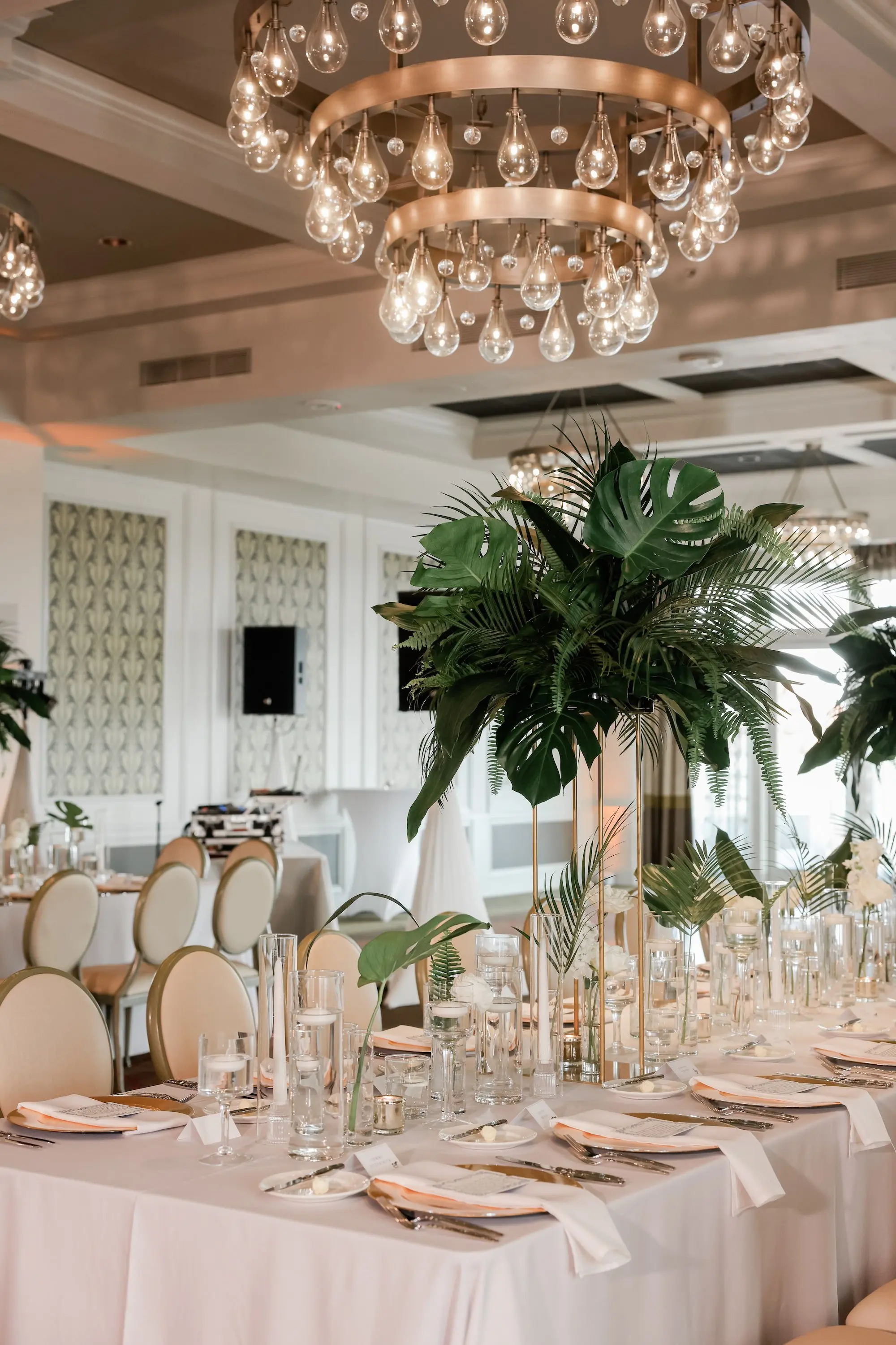 23Elegant Green White and Gold Ballroom St Pete Wedding Venue The Birchwood jpg - Tropical Green and White Downtown St. Pete Wedding | The Birchwood Elegant Green, White, and Gold Wedding Reception Decor Ideas | Palm Leaves and Monstera Centerpiece Inspiration | St Pete Event Planner Coastal Coordinating | Venue The Birchwood