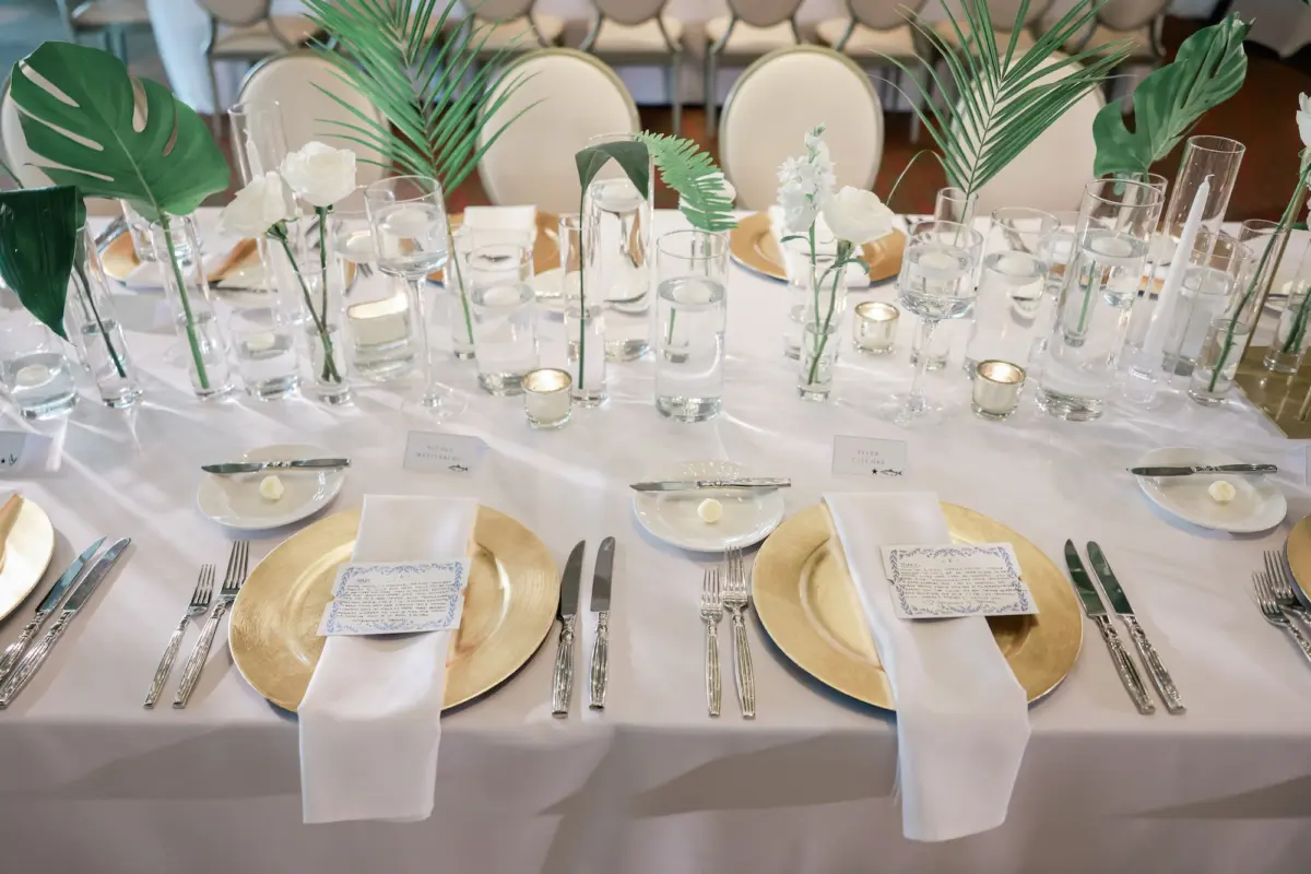 25Elegant Green White and Gold Ballroom Wedding - Tropical Green and White Downtown St. Pete Wedding | The Birchwood Elegant Tropical White and Gold Wedding Reception Place Setting Inspiration