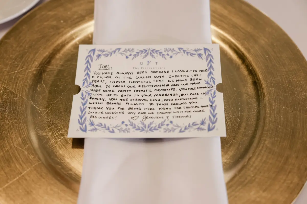 27Elegant Green White and Gold Ballroom Wedding - Tropical Green and White Downtown St. Pete Wedding | The Birchwood Wedding Guest Place Card Personal Note Ideas