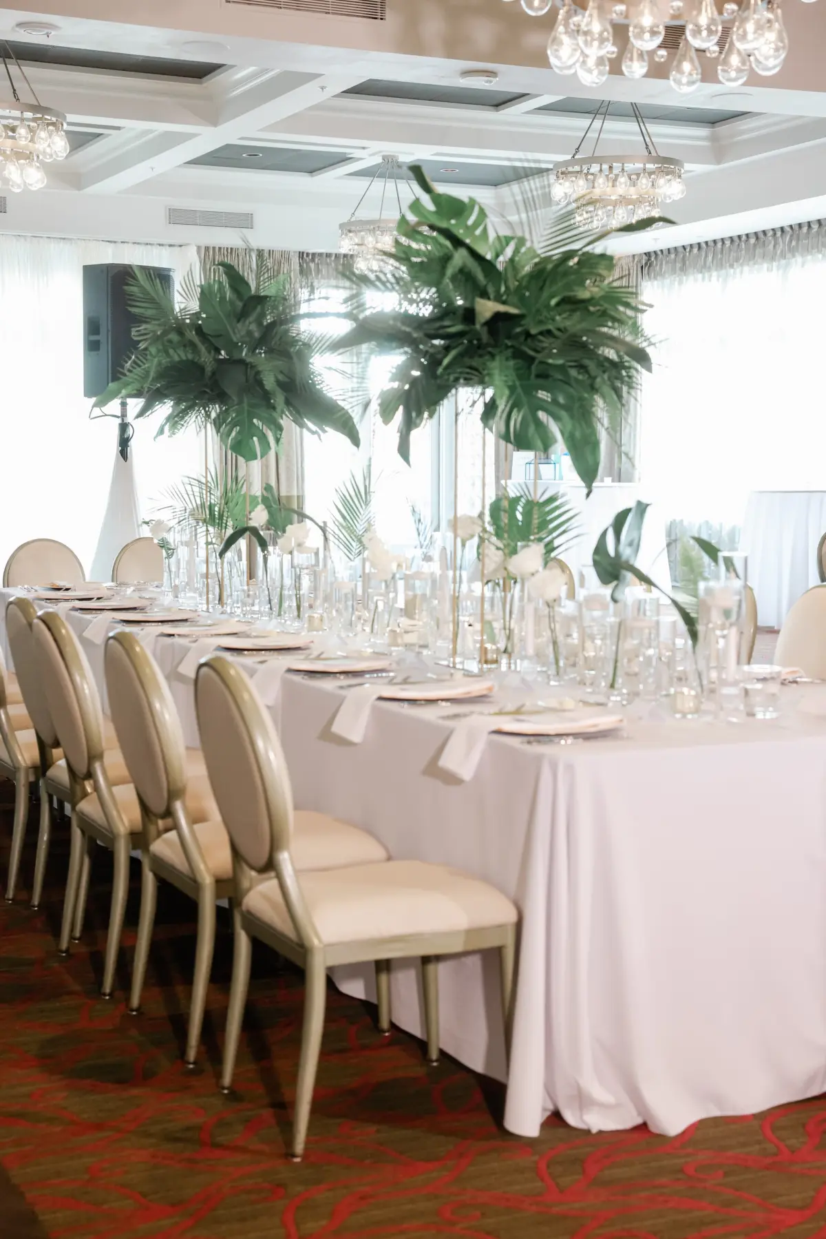 28Elegant Green White and Gold Ballroom Wedding - Tropical Green and White Downtown St. Pete Wedding | The Birchwood Elegant Green, White, and Gold Ballroom Wedding Reception Decor Ideas | Palm Leaves and Monstera Centerpiece Inspiration | St Pete Event Planner Coastal Coordinating
