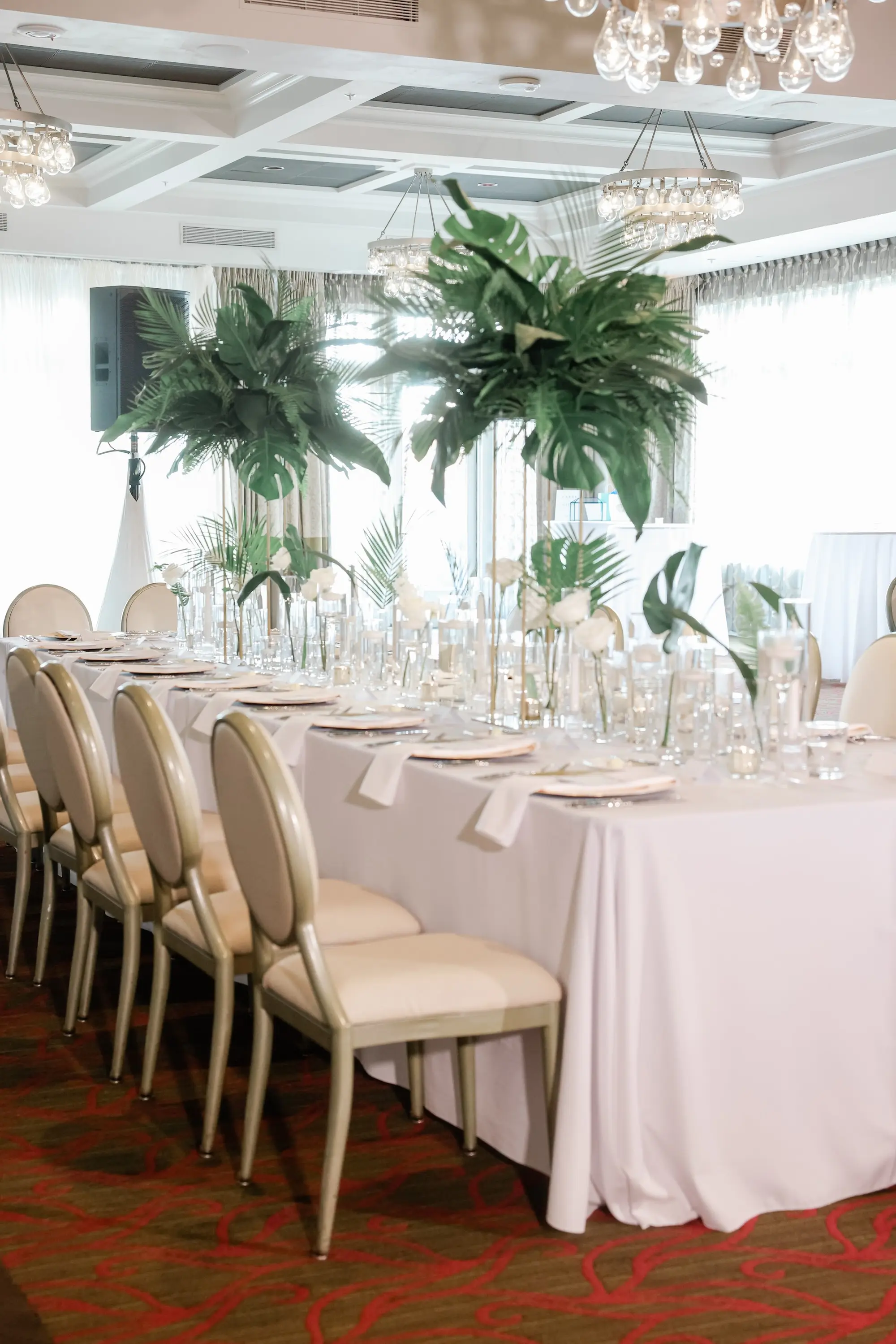 Elegant Green, White, and Gold Ballroom Wedding Reception Decor Ideas | Palm Leaves and Monstera Centerpiece Inspiration | St Pete Event Planner Coastal Coordinating