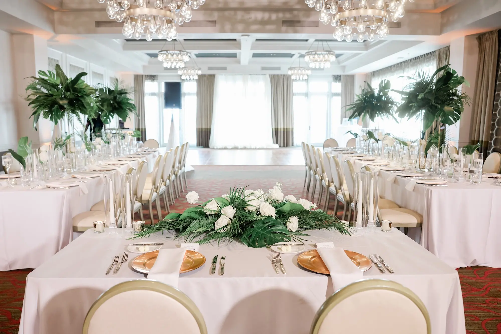 30Elegant Green White and Gold Ballroom St Pete Wedding Venue The Birchwood jpg - Tropical Green and White Downtown St. Pete Wedding | The Birchwood Elegant Green, White, and Gold Ballroom Wedding Reception Decor Inspiration | Tampa Bay Event Venue The Birchwood