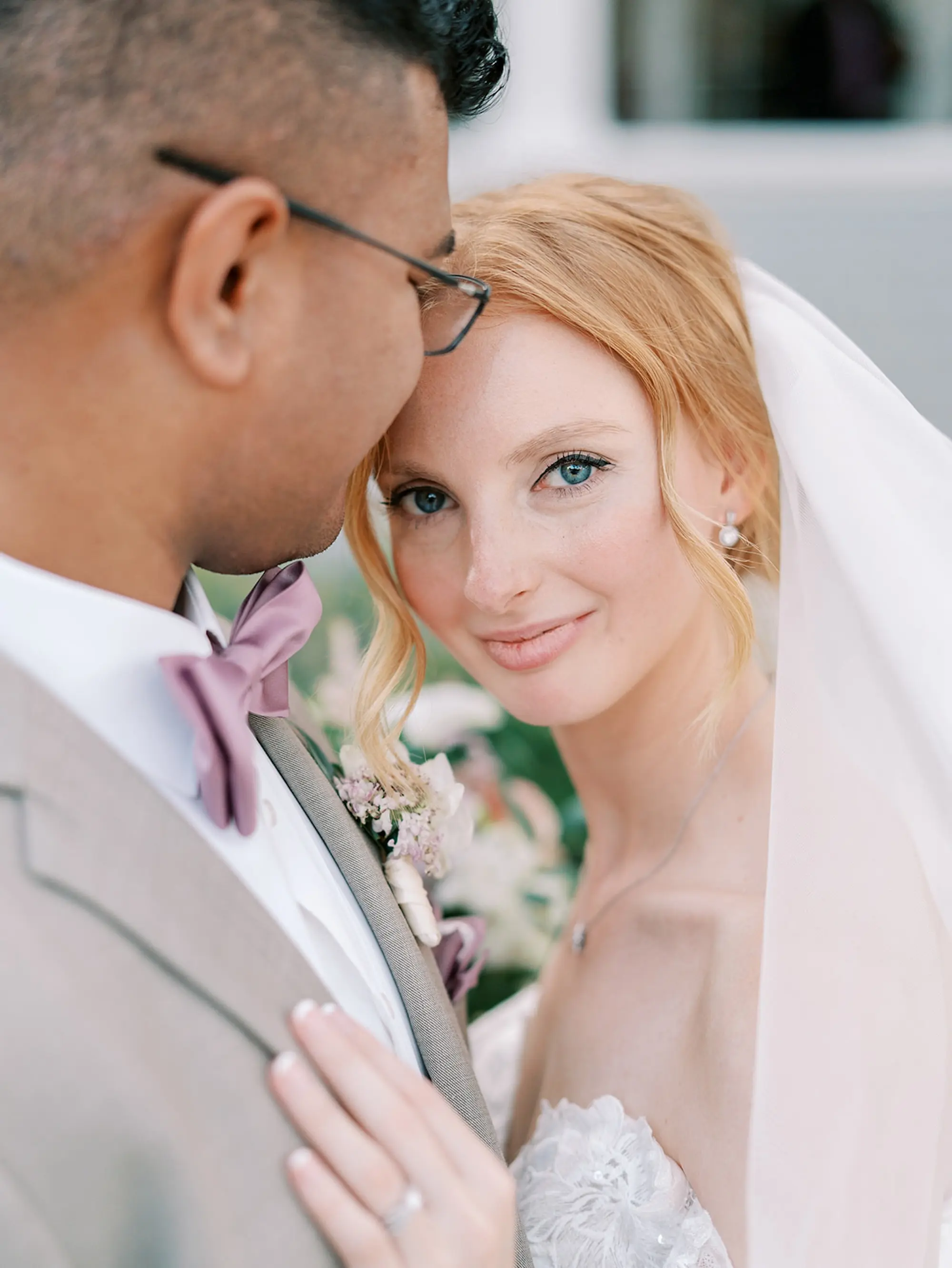 Bride and Groom Intimate Wedding Portrait | Cathedral Length Chiffon Veil Ideas | Grooms Gray Suit Inspiration | South Tampa Photographer Eddy Almaguer Photography