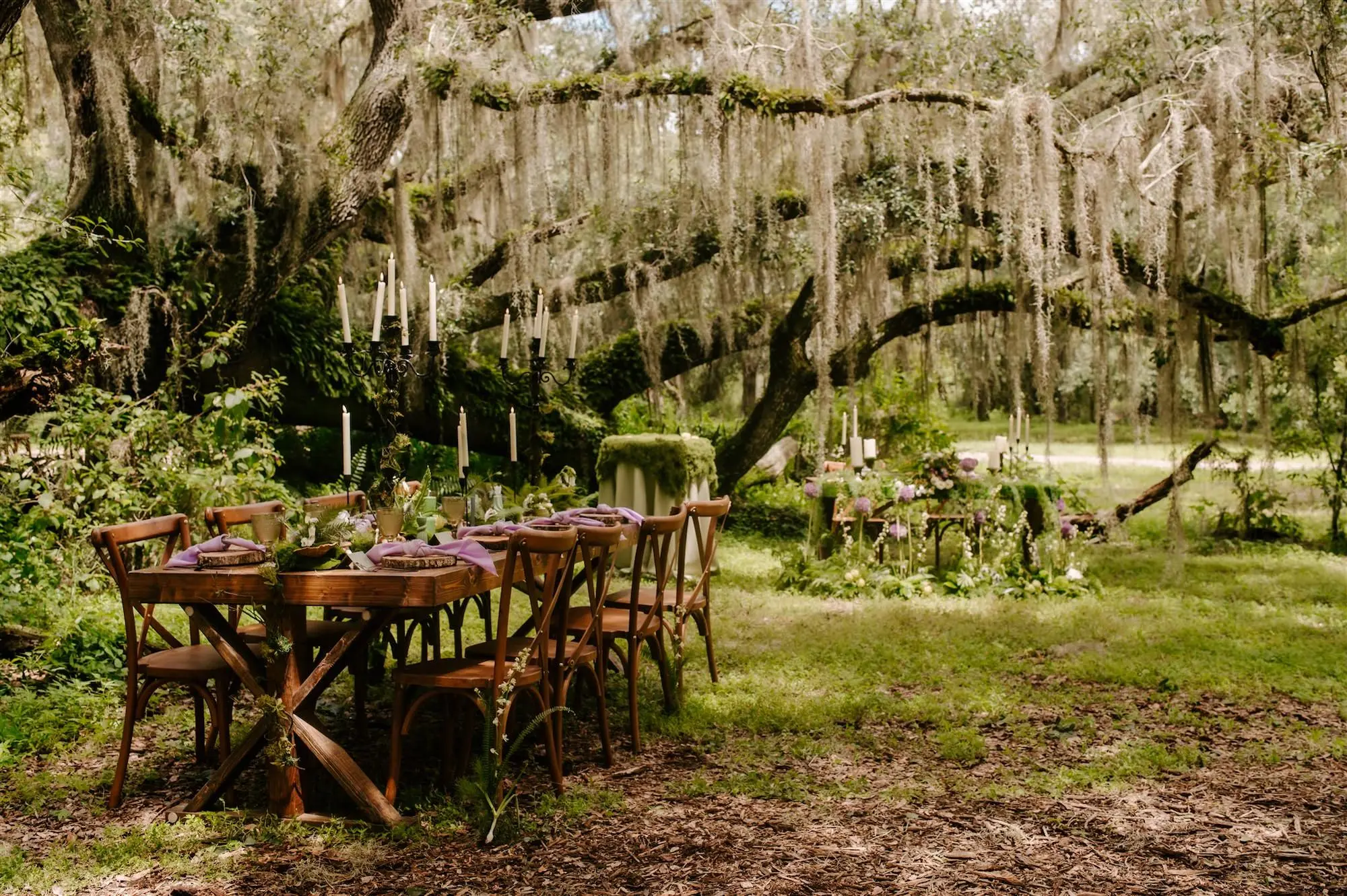 Whimsical Woodland Wedding Reception Decor Inspiration | Wooden Crossback Chairs