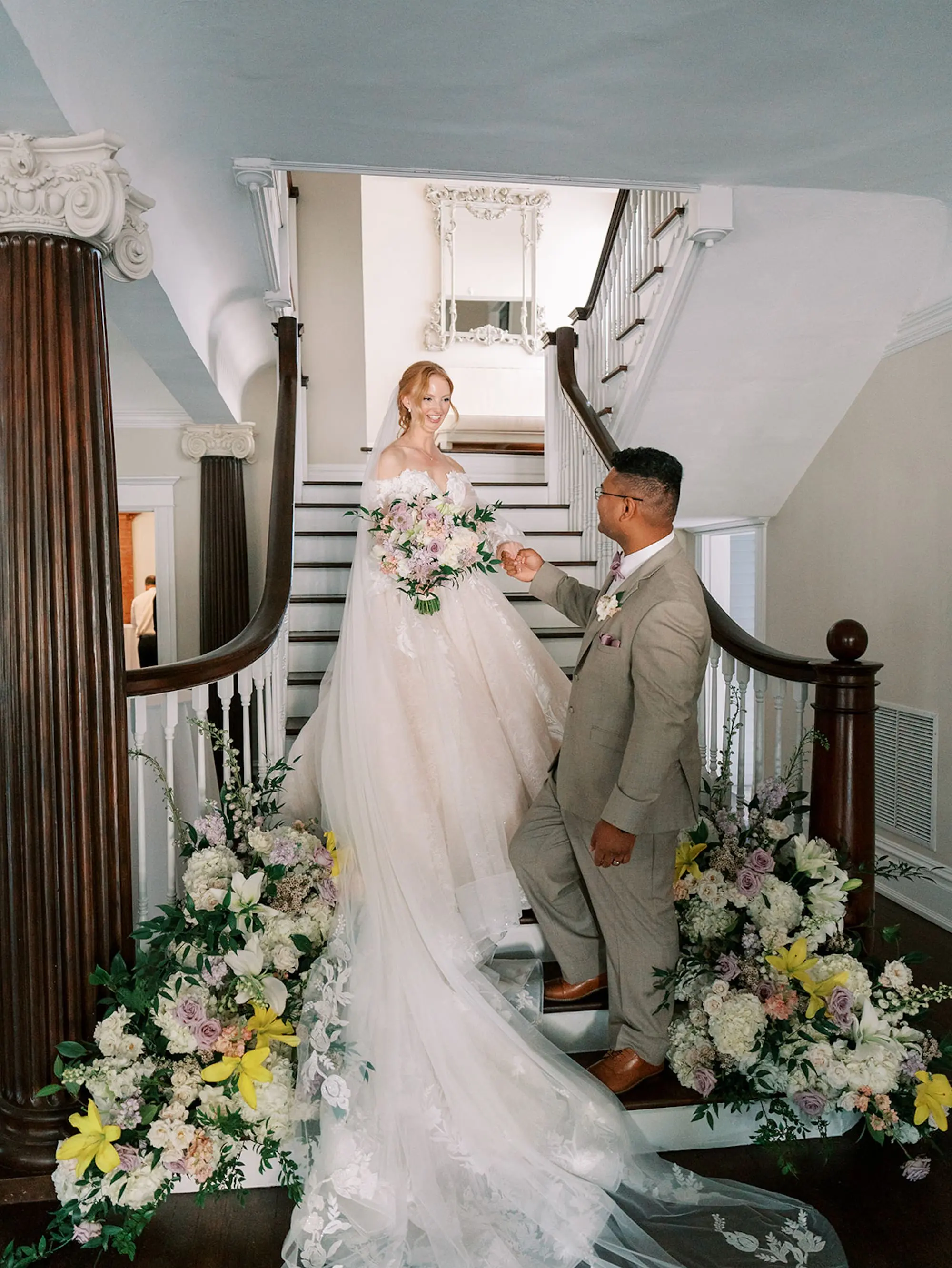 32Purple and Yellow Disney Princess Wedding Inspiration Tampa Venue The Orlo jpg - “Best Of” 2025: Wedding Portraits Bride and Groom Staircase Wedding Portrait | Cathedral Length Chiffon Veil Inspiration | Soft, Pastel Blush, Lavender, Yellow, White Floral Arrangements of Roses, Hydrangeas, Carnations Wedding Decor Ideas | South Tampa Photographer Eddy Almaguer Photography | Venue The Orlo