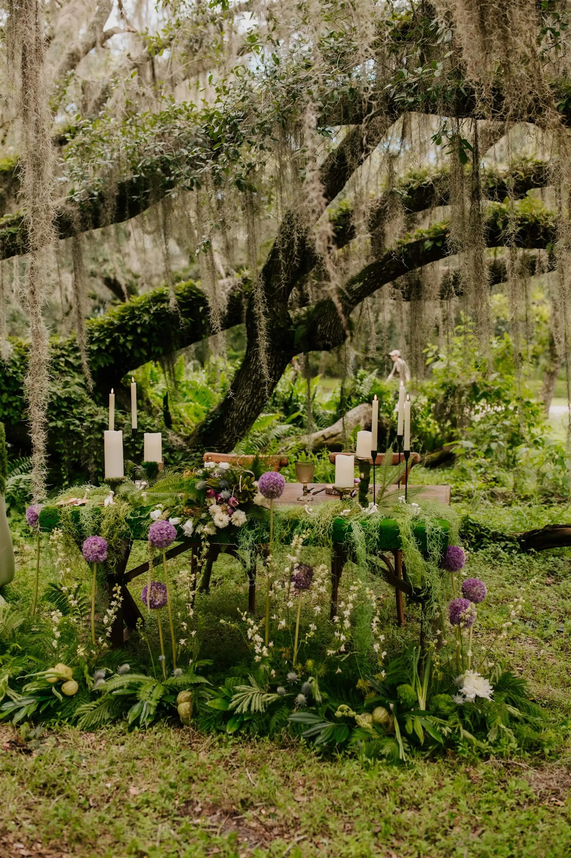 Whimsical Puple and White Flowers with Greenery Woodland Wedding Reception Decor Ideas