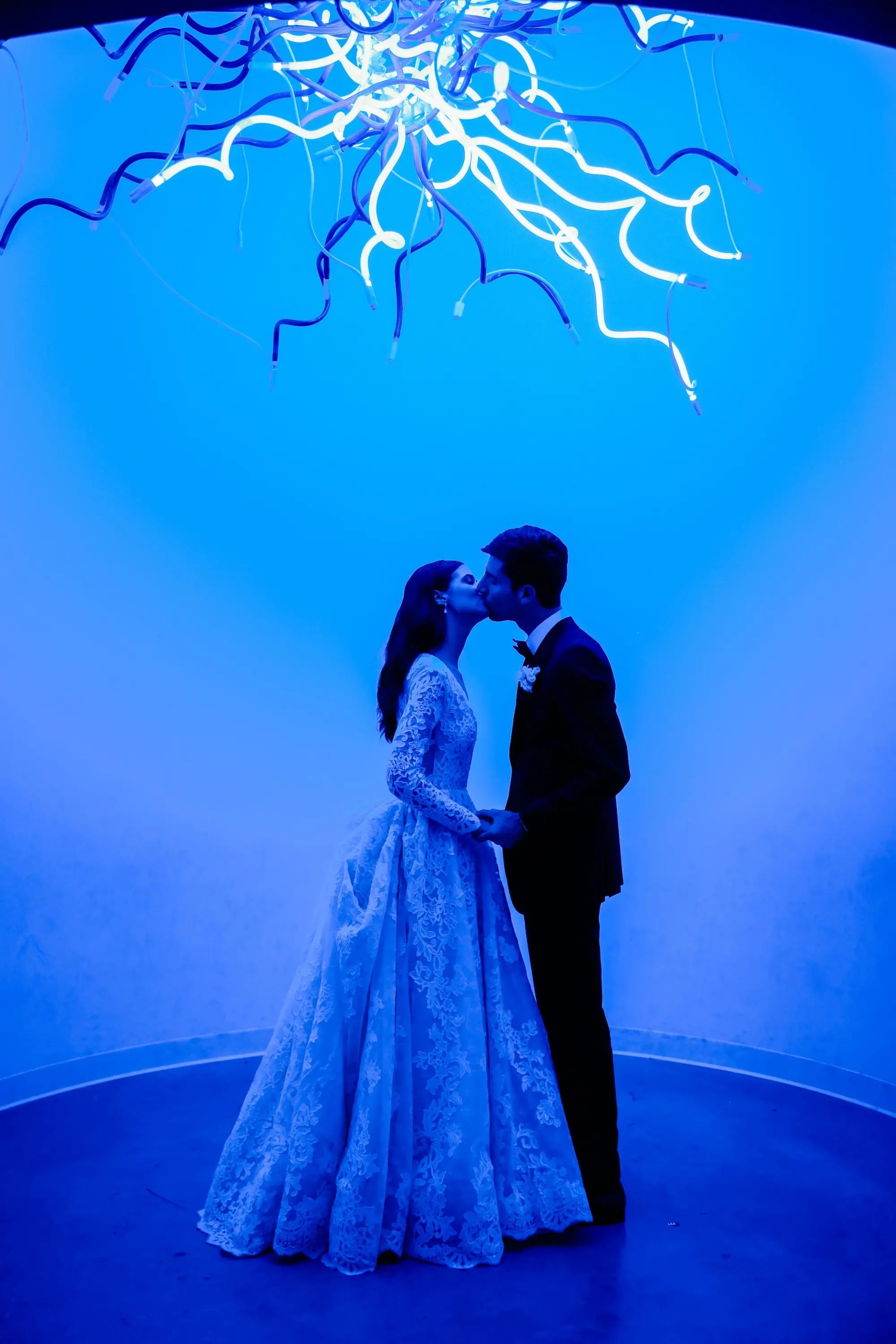 36Classic White Chic St Pete Museum Wedding Inspiration Venue Chihuly Collection - “Best Of” 2025: Wedding Receptions Part 2 Bride and Groom Wedding Reception Portrait at Venue The Chihuly Collection at the Morean Arts Center | Tampa Bay Wedding Photographer Lifelong Photography Studio
